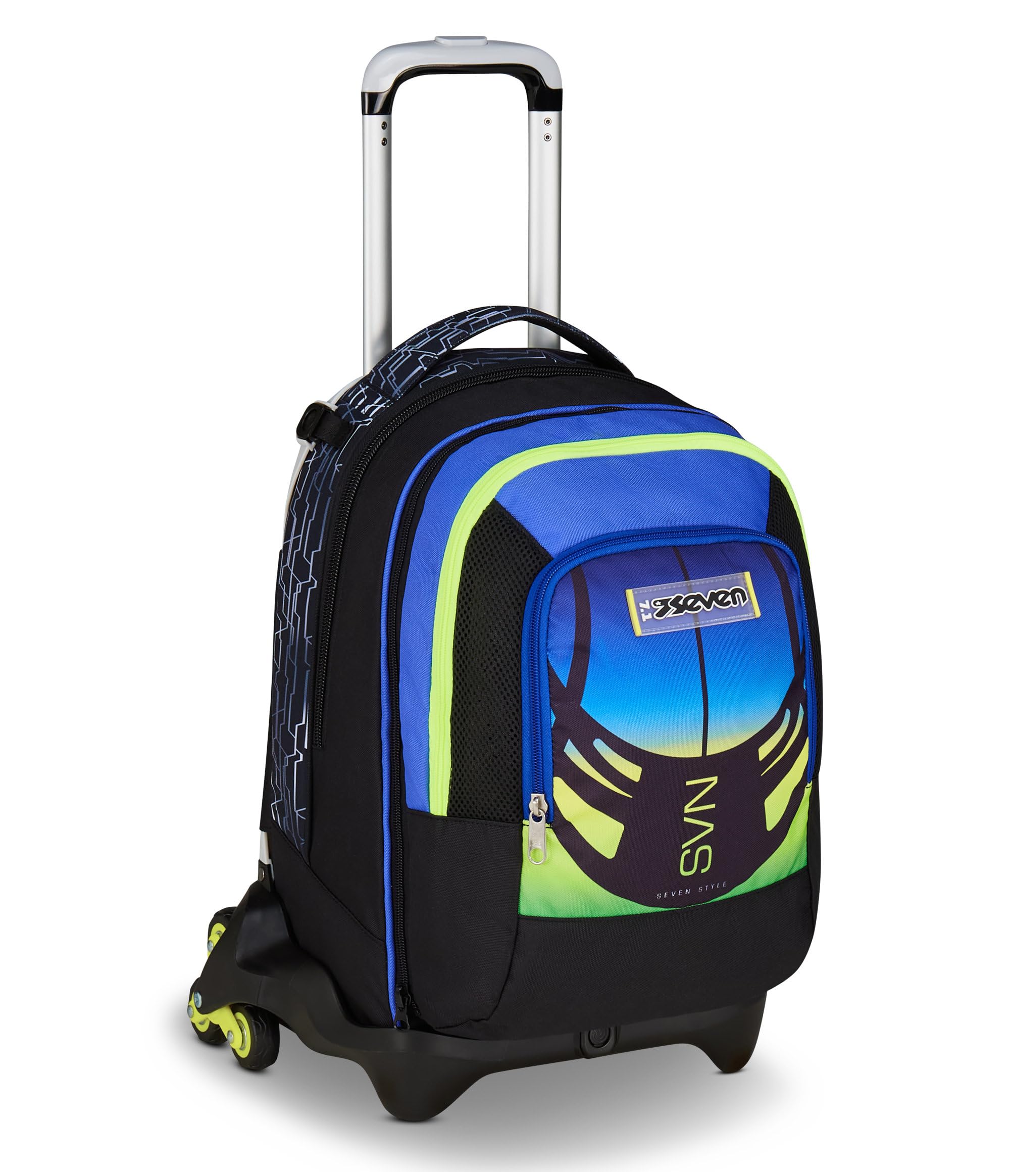 Seven Trolley Scuola Jack 3 Ruote Detach Nuanced, Blu Giallo, Zaino Con Carrello Sganciabile Da 37 Litri, Tasca Borraccia, Zainetto Staccabile, Multiuso e Spazioso, Per Scuola Elementare e Media,