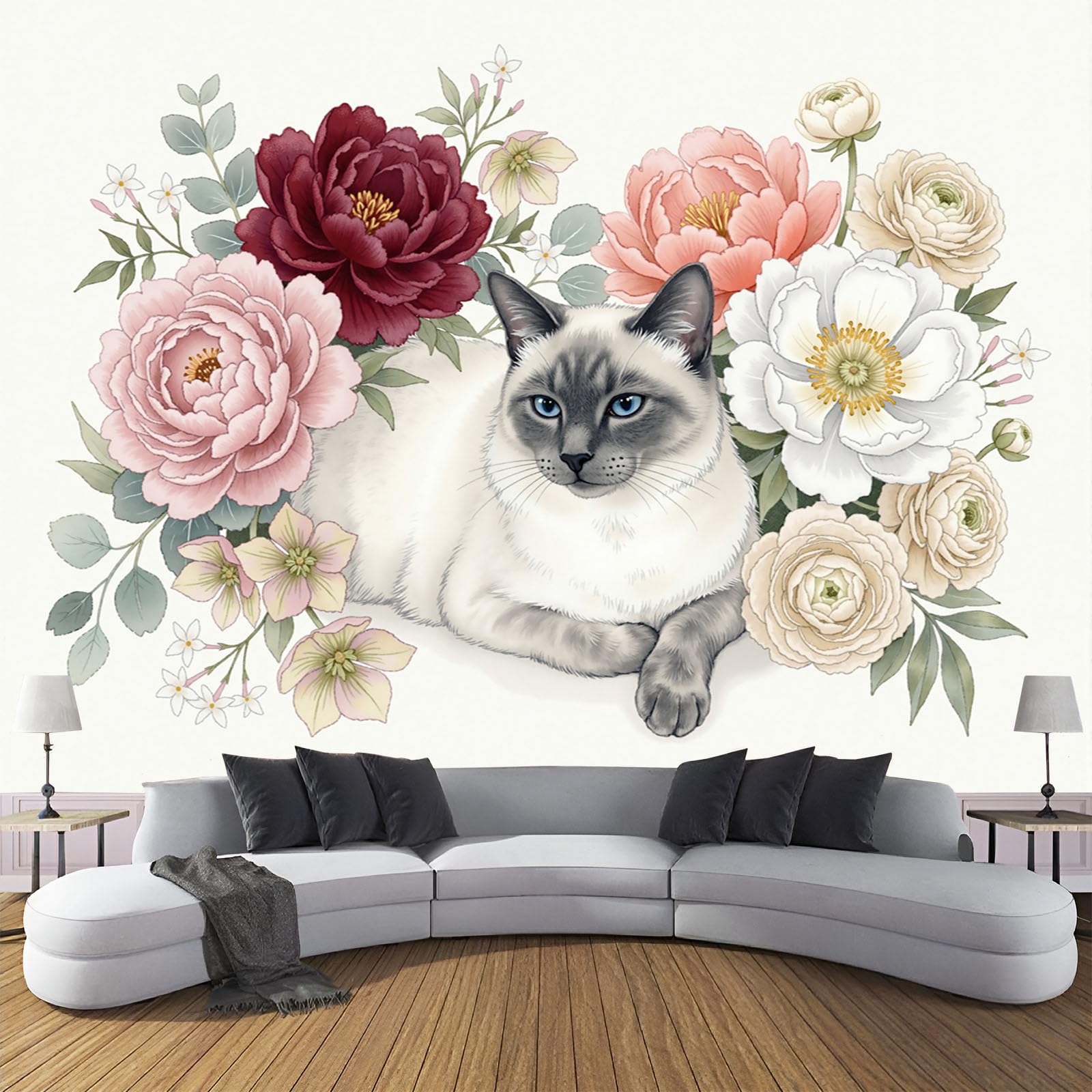 Papier peint panoramique chats et fleurs roses pour créer un nid douillet familial