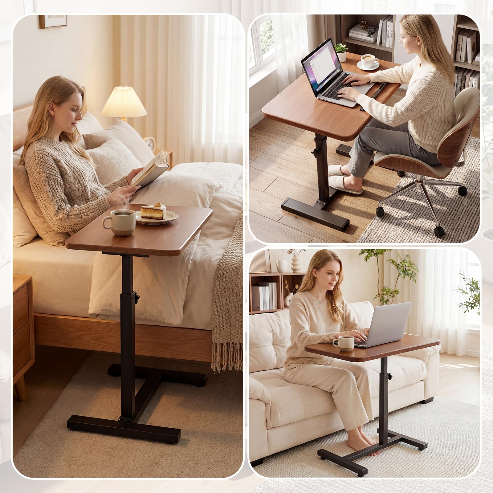 Mesa auxiliar con ruedas ocultas, escritorio de pie, altura regulable de 63 a 103 cm, mesa de cama móvil de madera, mesa de sofá, mesita de noche, mesa de aseo para dormitorio, salón