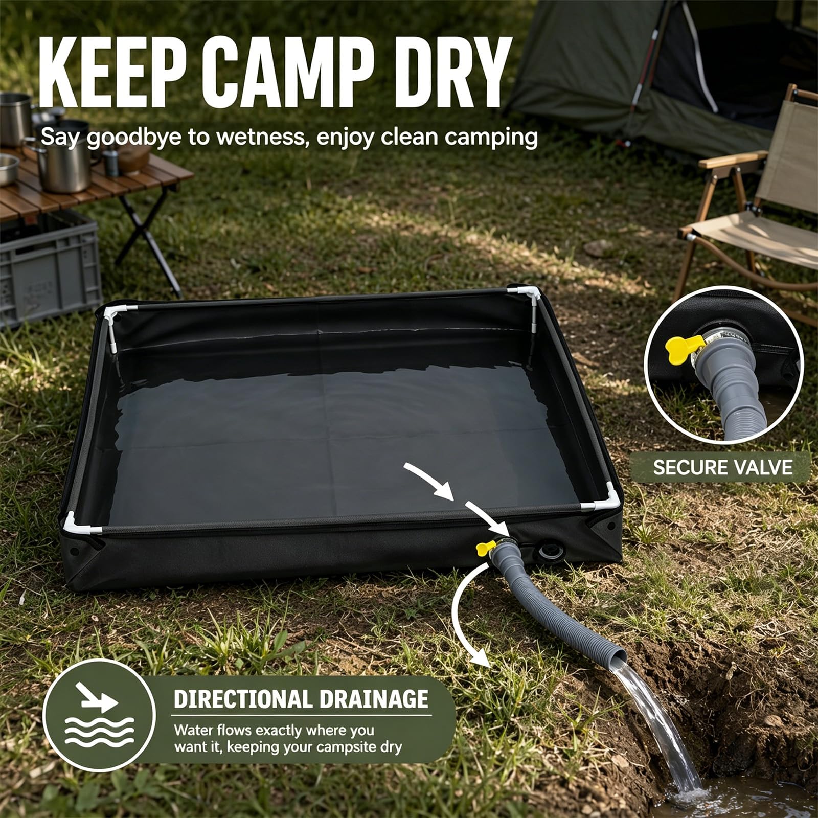 Bac à douche pliable 80x80x10 cm, bac à douche portable avec tuyau d’évacuation, bâche de tente de toit imperméable Oxford durable pour l’intérieur et l’extérieur, base de douche de camping pour plage