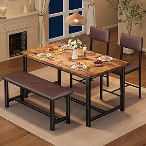 GarveeHome Dining Table Set for 4, Kitchen Table with 2 Upholstered Chairs and Bench, Wood Kitchen Dining Room Set, for Small Space, Apartment, Home, Kitchen, Retro Brown