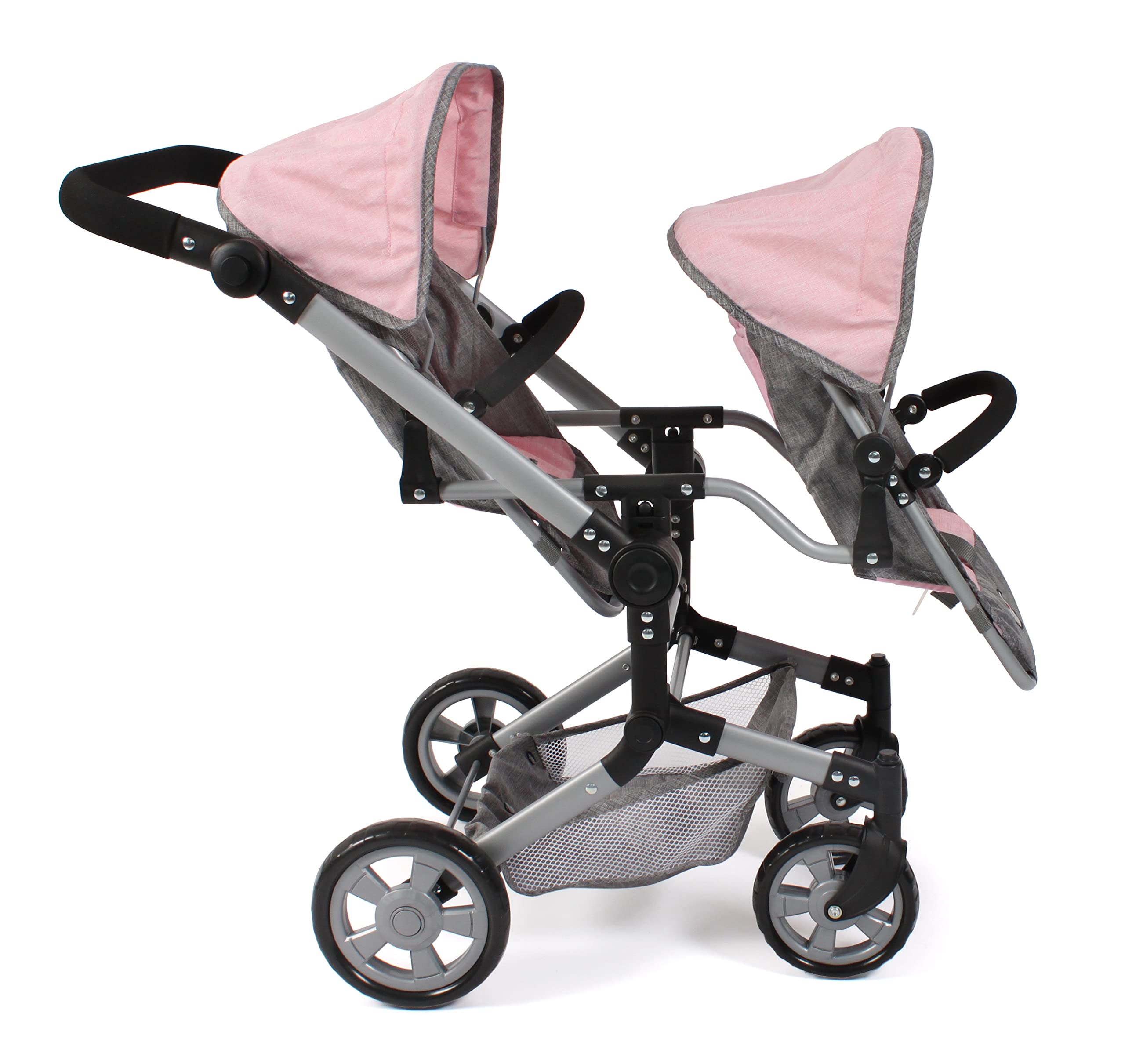 Bayer Chic 2000 - Passeggino per bambole Linus Duo, passeggino gemellare per bambini dai 4 agli 8 anni, grigio melange, rosa, 690-15