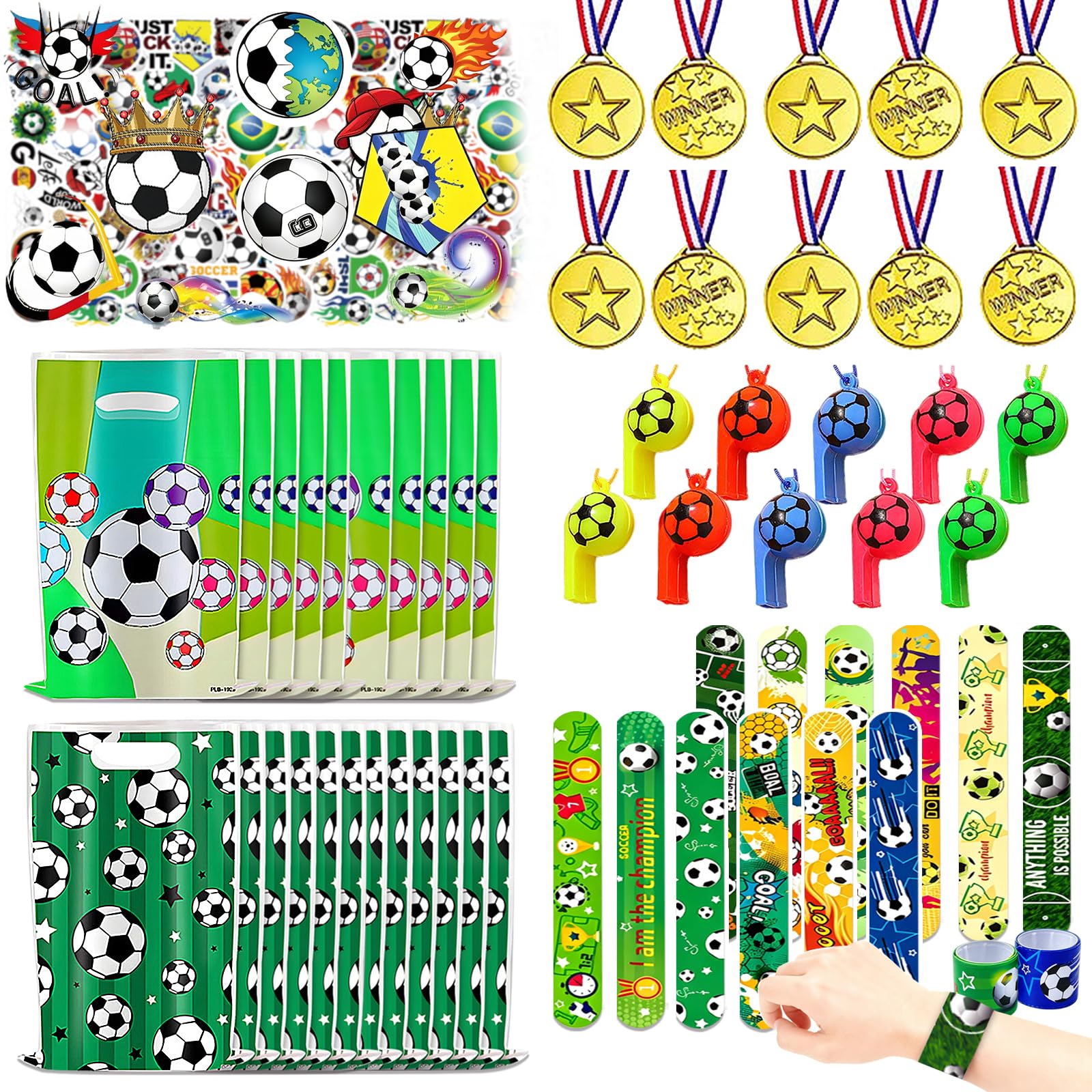 Gobiufy 103 Pcs Football Party Bags Fillers Set, Football Party Favors for Kids with Gift Bags Slap Bands Whistles Sticker Plastic Gold Winners Medals Soccer Party Supplies Birthday Gift