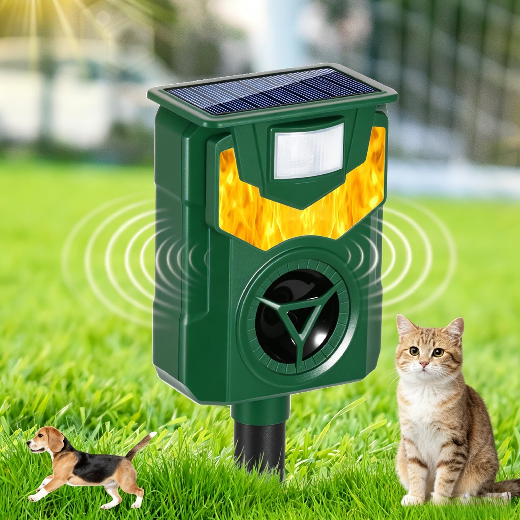 PCXWTLN Solar Ultrasonic Cat Repellent, Cat Scarers for Gardens IP44 Waterproof Animal Deterrent with PIR Sensor, USB Charging, Garden Yard Pest Scarer for Cats Dogs (PEL-25-OB)
