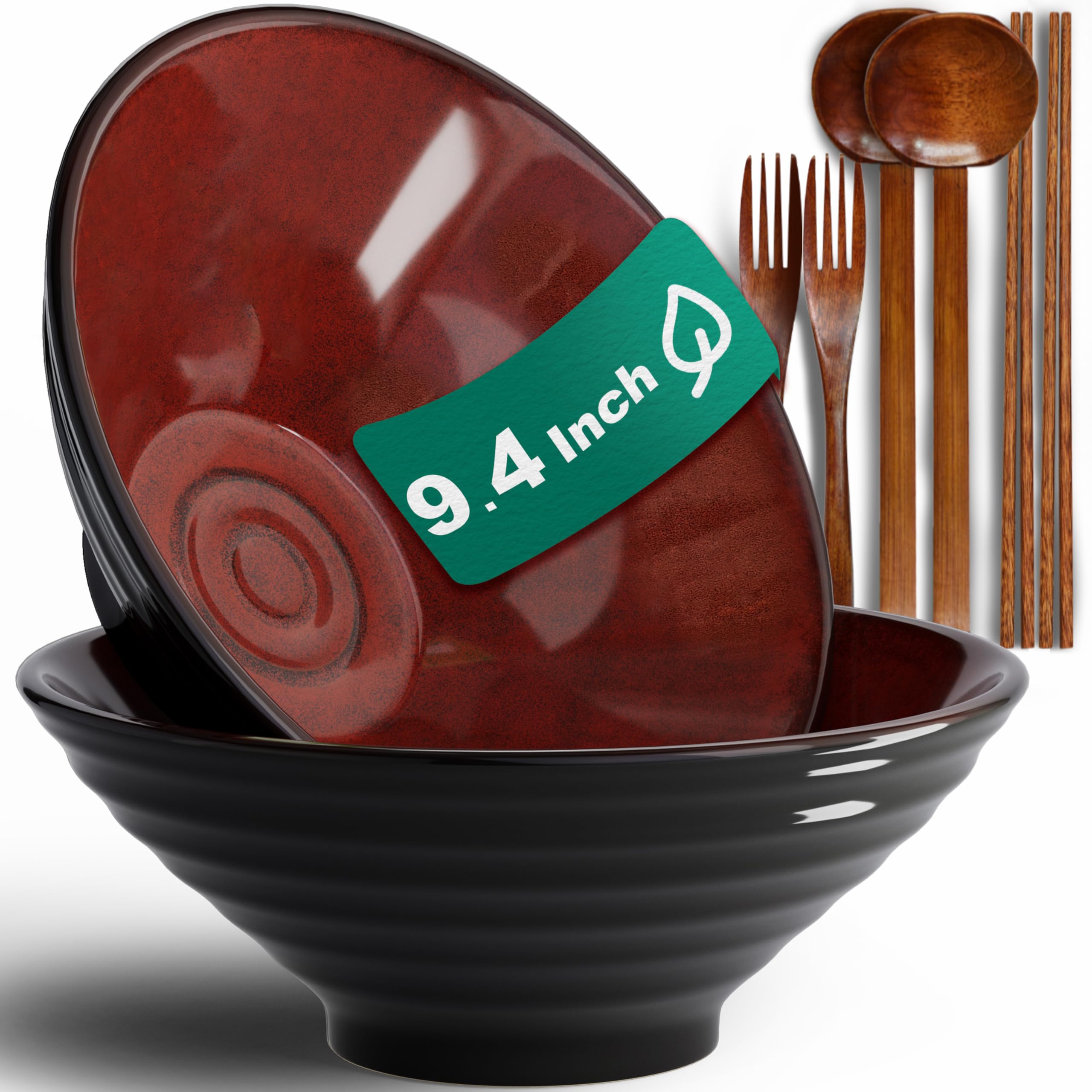 9.4-Inch 2 Sets Ceramic Ramen Bowl (8 Piece) - Japanese Porcelain Dishwasher Microwave Safe Salad Noodles Cereal Pasta Soup Large Bowls with Chopsticks Forks Spoons for Men Women Housewarming Gift