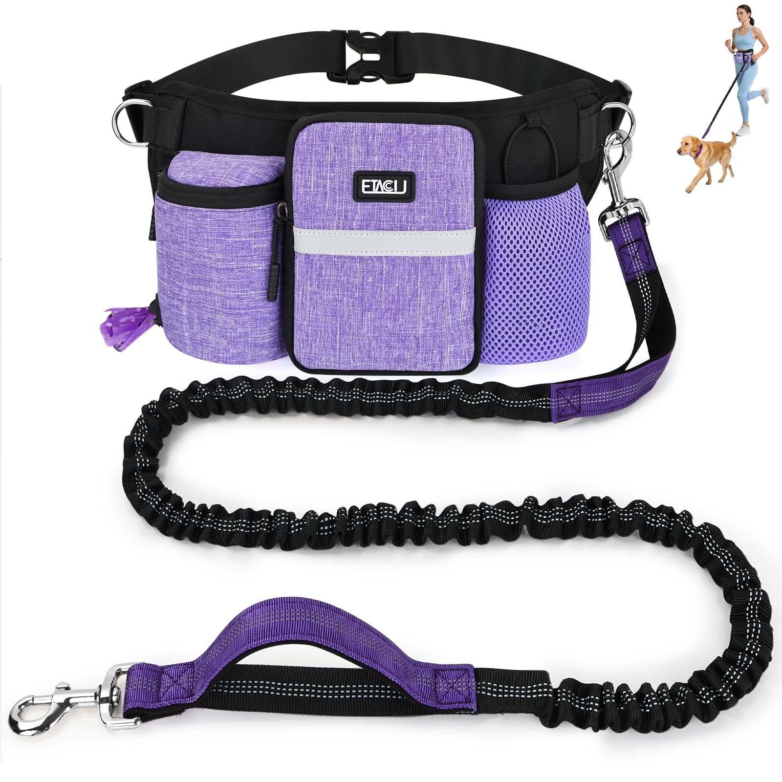 ETACCU Heavy Duty Hands Free Dog Leash with Zipper Pouch Waist Belt for Large Medium Dogs for Running, Walking, Jogging and Hiking, Dual Padded Handles and Durable Bungee (1 Dog Purple)