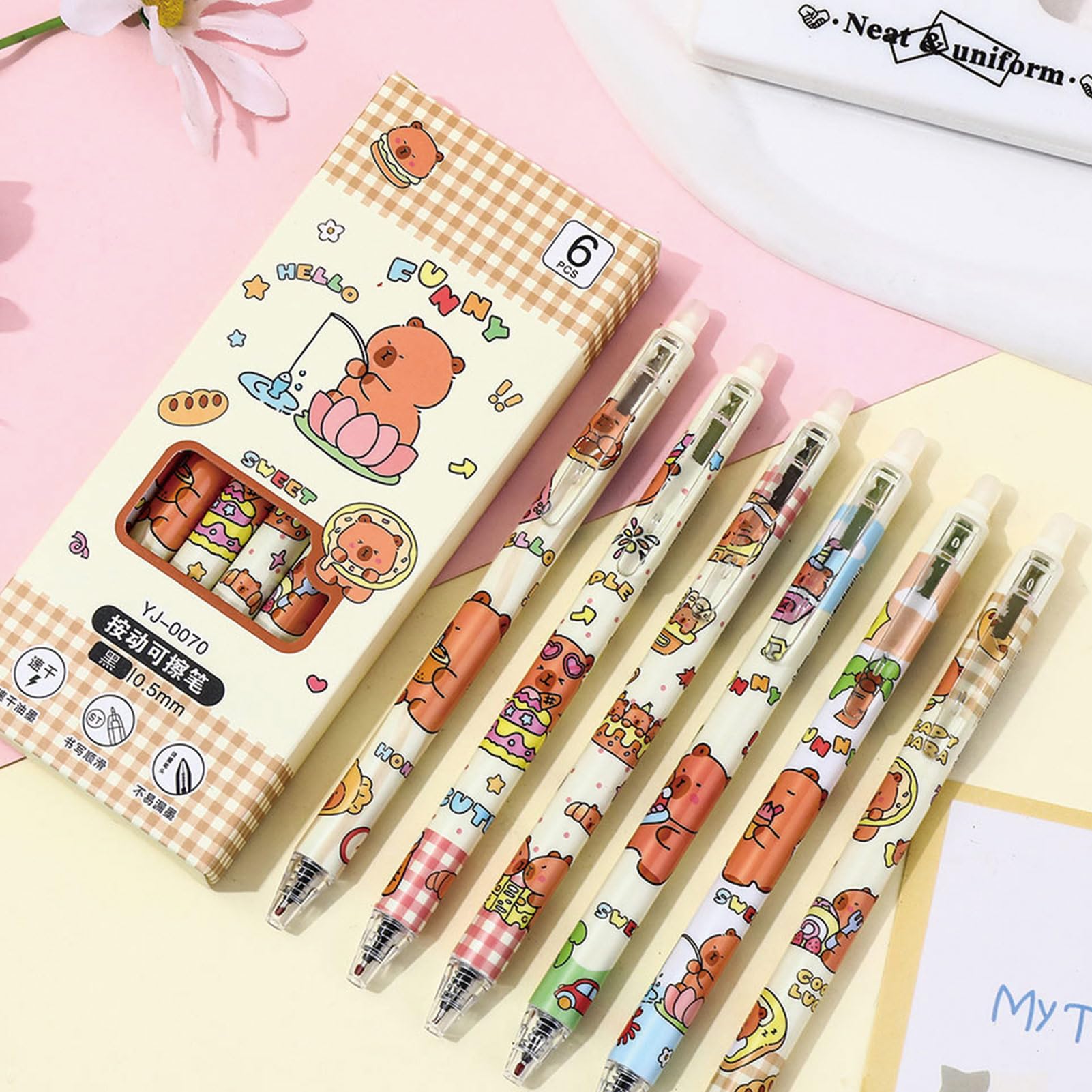 6 Pcs Cute Erasable Retractable Pens Capybara Erasable Pen 0 5mm Fine Point Black Ink Writing Pen Office — view 7