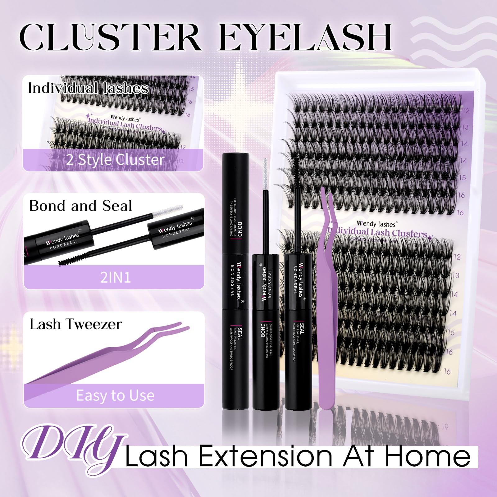 WENDY LASHES Wimpern Extensions Kit FD18+B, Cluster Wimpern D Curl 12–16mm | Lashes Extension Set mit Wimpernkleber und Sealer Lash Remover und Pinzette, für Anfänger Mädchen und Frauen