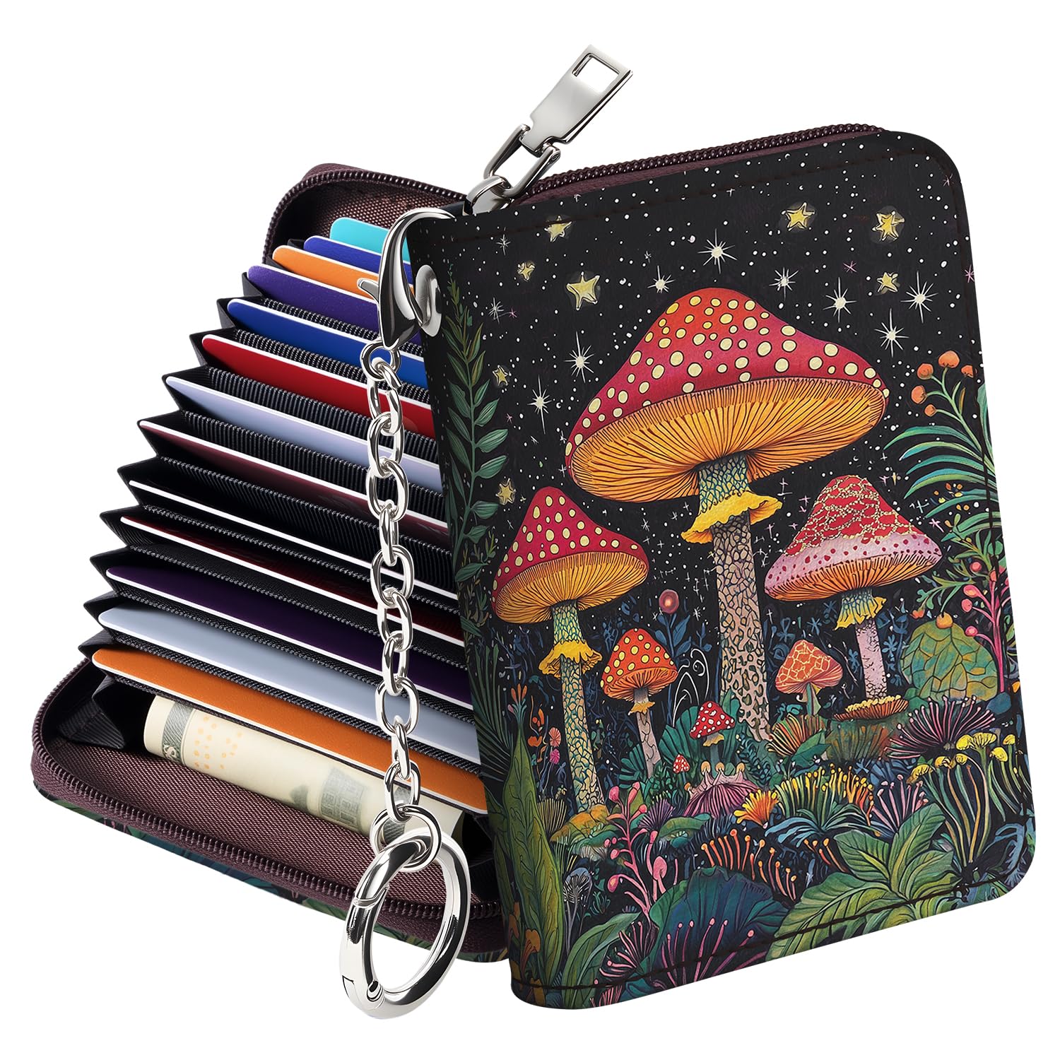Mayski Credit Card Holder, Zipper Credit Card Wallet for Women, Small Accordion Card Cases Holder, KeyChain Wallet, Business Card Holder(Mushroom 01)