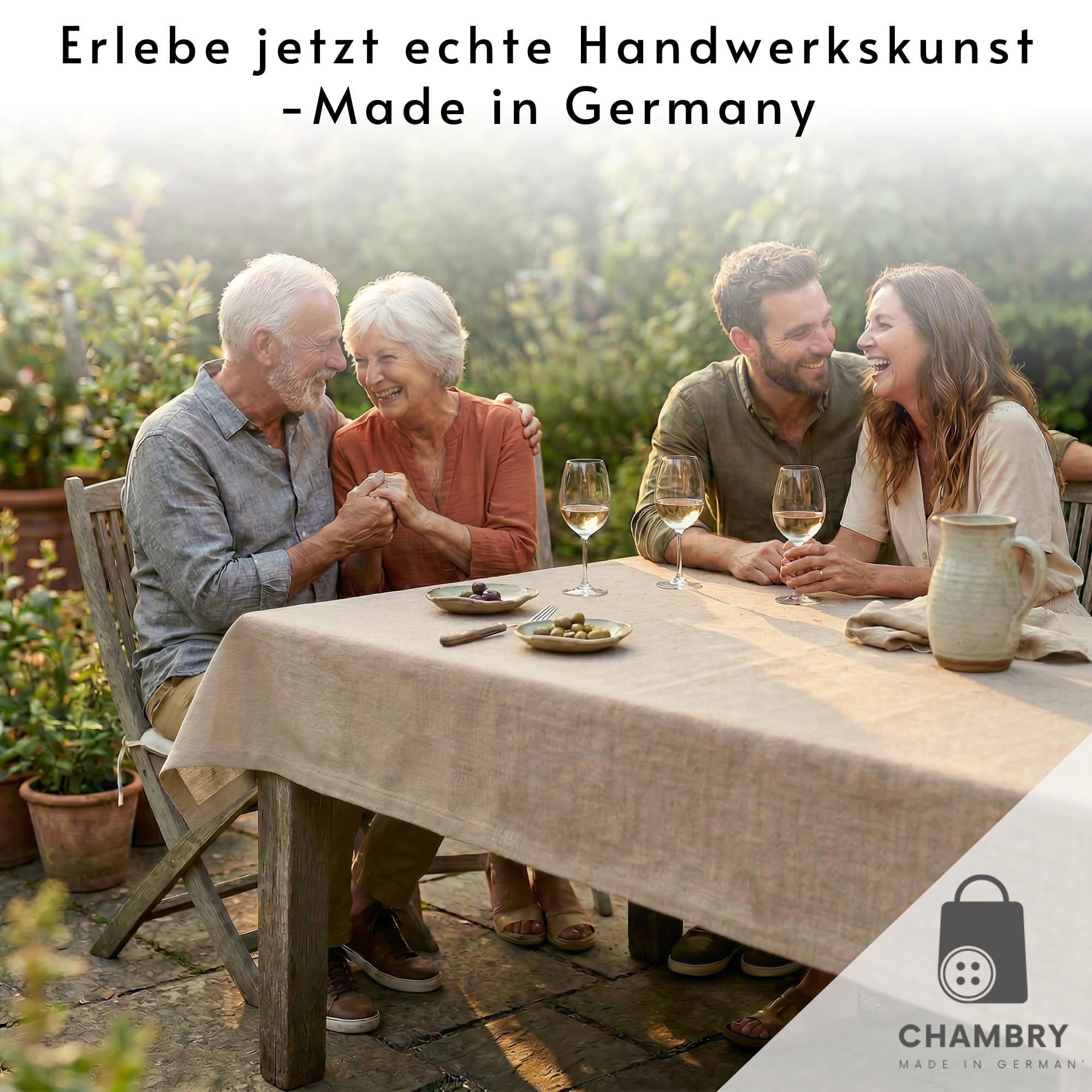 chambry Premium Tischdecke abwaschbar 100% Baumwolle - Handarbeit Made in Germany - robuste hochwertige Tischwäsche - beschichtet wasserabweisend mit Fleckschutz - Natur 120 cm x 180 cm