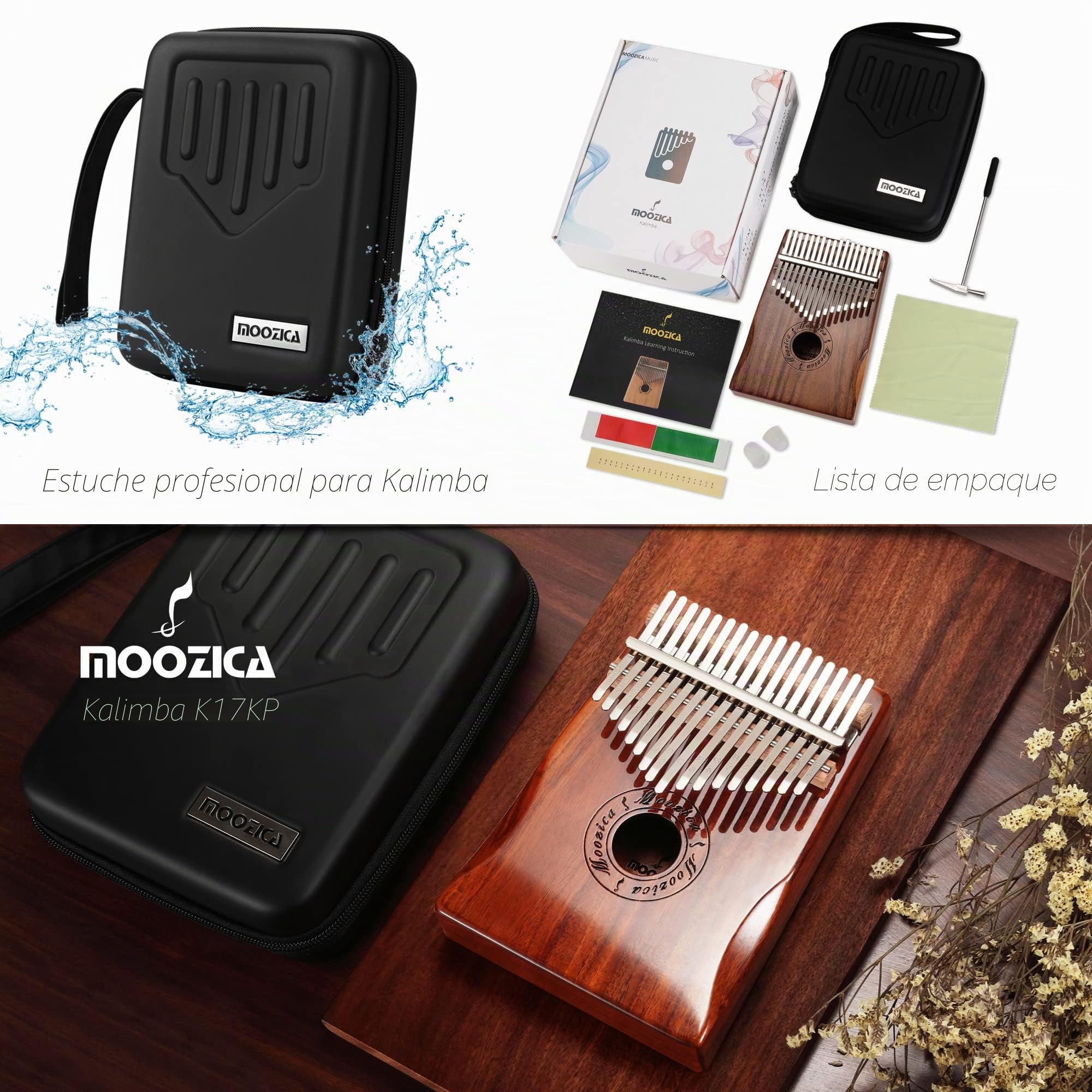 MOOZICA 17 teclas kalimba, instrumento musical de piano de pulgar profesional de madera maciza de koa (Koa-K17K)
