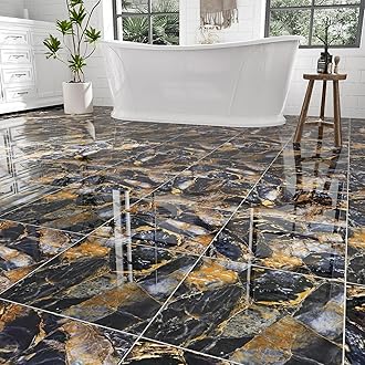 10-Pack 12" x 12" Peel and Stick Floor Tiles Waterproof, Polish Blue Gold Marble Self Adhesive Vinyl Flooring for Bathroom, Kitchen, Living Room, RV, Cover 10 Sq.Ft, Glossy Blue&Golden