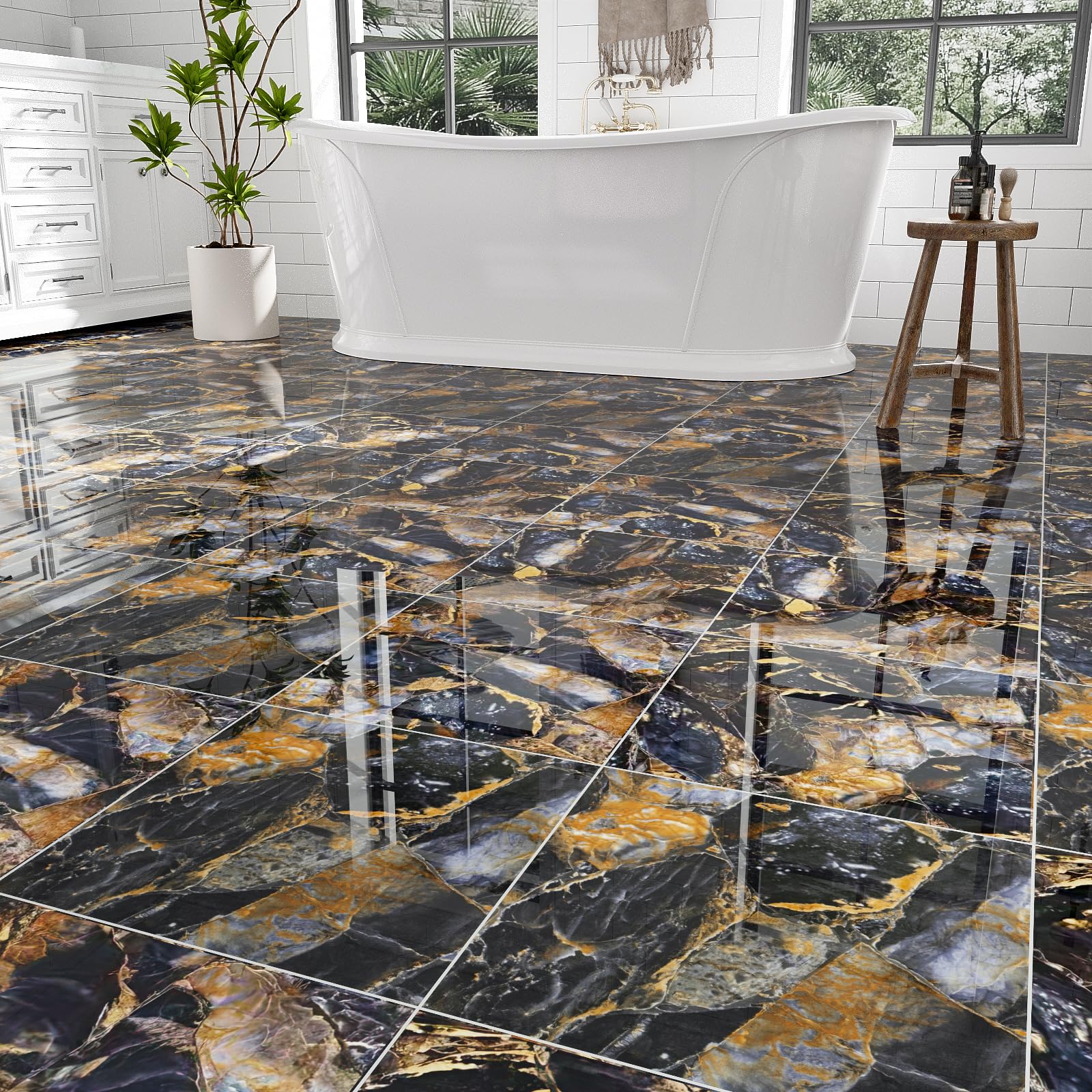 10-Pack 12" x 12" Peel and Stick Floor Tiles Waterproof, Polish Blue Gold Marble Self Adhesive Vinyl Flooring for Bathroom, Kitchen, Living Room, RV, Cover 10 Sq.Ft, Glossy Blue&Golden