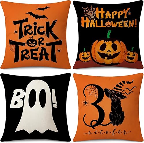 Gujiahone Juego de 4 fundas de almohada decorativas de Navidad, muñeco de nieve, reno, alegría, rayas grises, decoración de Navidad, funda de cojín