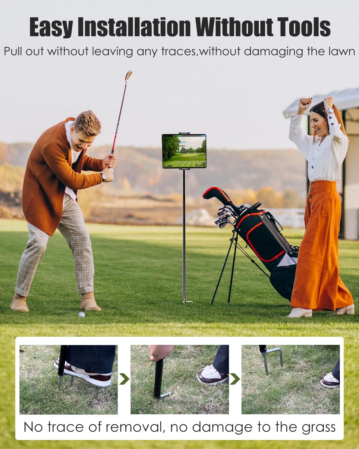 Golf Monopod & Tripod with Ground Spike Stakes, 57" Metal Pole Golf Phone Holder for Training Aid, Record Swing, Golf Selfie Stick Tripod for iPad Pro 12.9 Air Mini, iPhone16 15 14