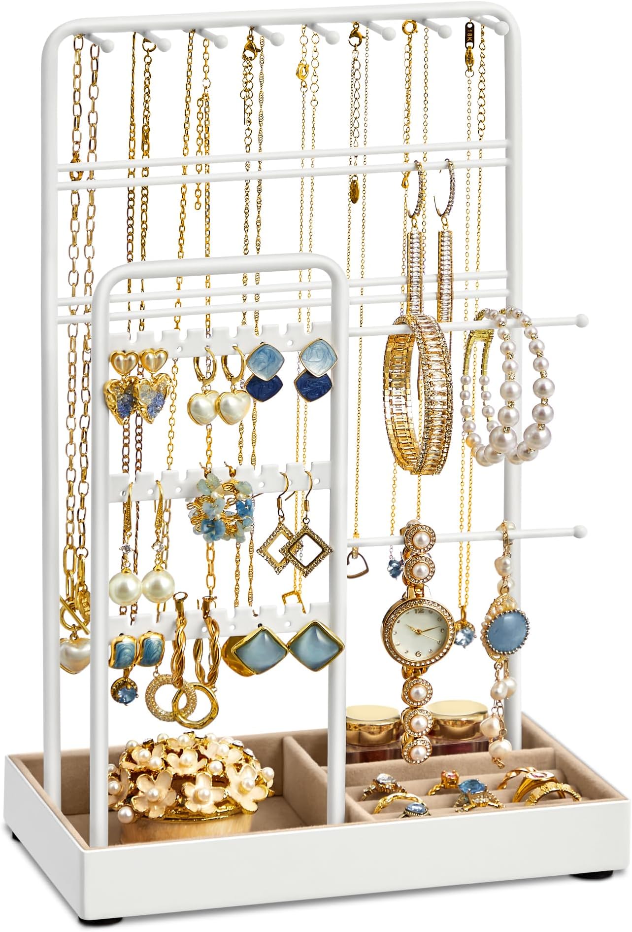 SONGMICS Jewellery Box Necklace Earring Holder Metal Frame Velvet Tray for Necklace Bracelet Earrings Rings Gift White JJS021W01