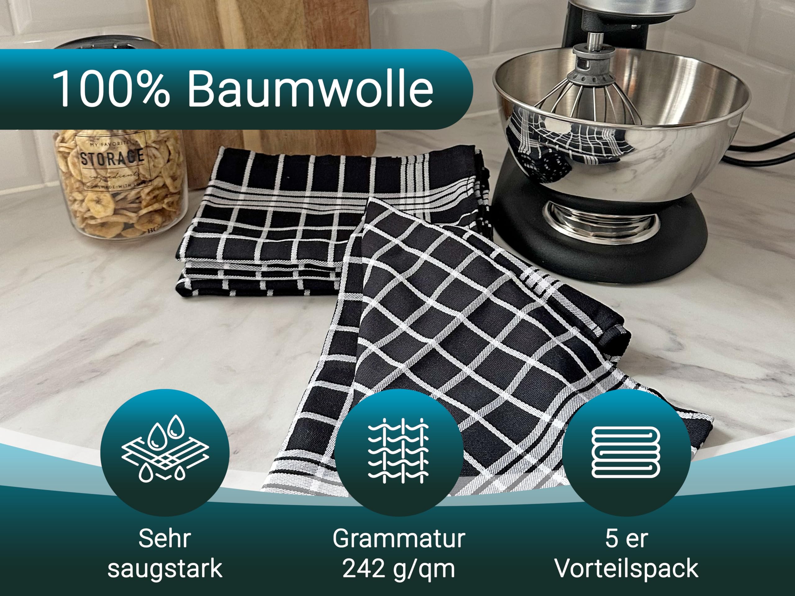 ZOLLNER 5er Set Geschirrtücher, 50x70 cm, 100% Baumwolle, schwarz weiß kariert