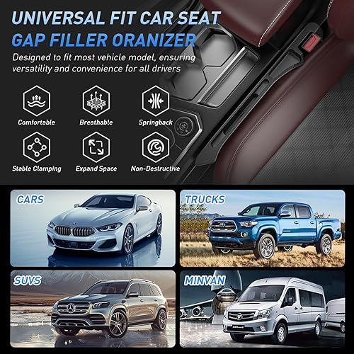 Miniatura 6 de Paquete de 2 rellenos de huecos para asiento de automóvil, se inserta entre los asientos, consola con organizador, soporte para teléfono mejorado,
