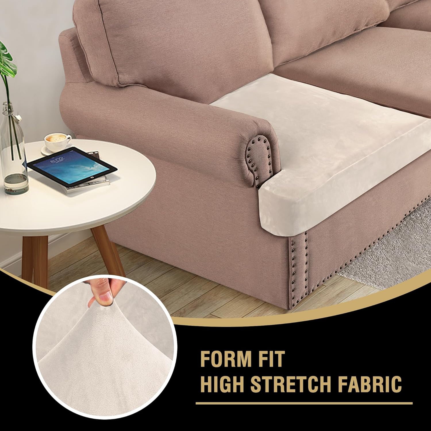 H.VERSAILTEX Stretch Velvet 3 Piece T Cushion Sofa Slipcovers for Living Room Individually Sofa Covers for 3 Seat Cushion Covers Stay with Elastic Bands (Sofa, Cream)