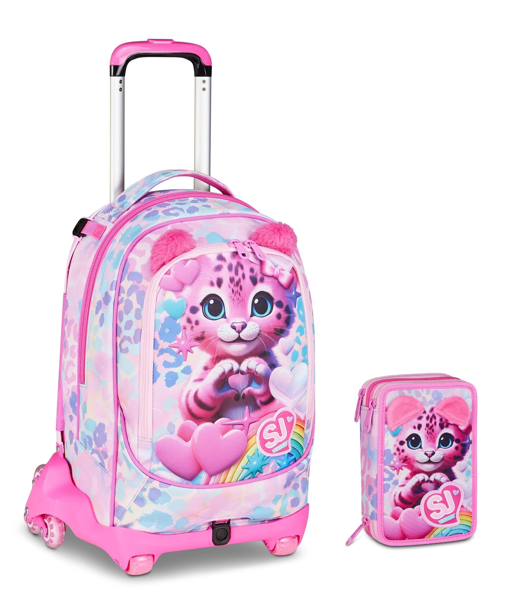 Trolley Scuola Jack 8 Ruote con zaino staccabile Hearth Buddy Girl Gattino, 3 in 1 per Scuola Elementare Bambina + Astuccio 3 zip con cancelleria + 7 penne a scatto e portachiave pailettes