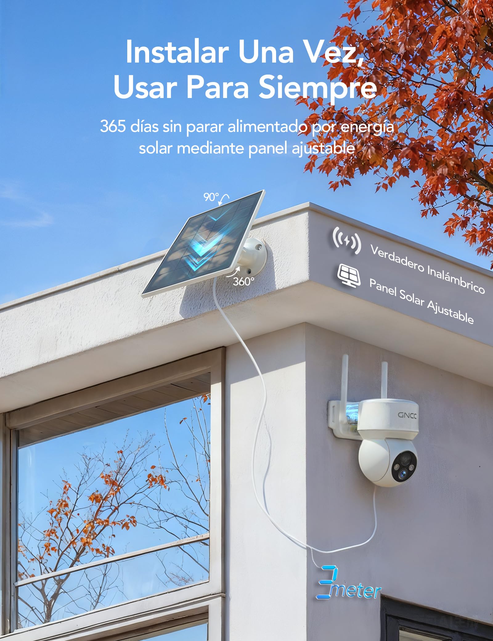 GNCC Camara Vigilancia WiFi Exterior Solar con Bateria Sin Cables, 1080p/2MP Camara Vigilancia Exterior Solar Visión Nocturna Color, PTZ 360°, Humana Detección de IA, PIR Sirena, Audio Bidireccional