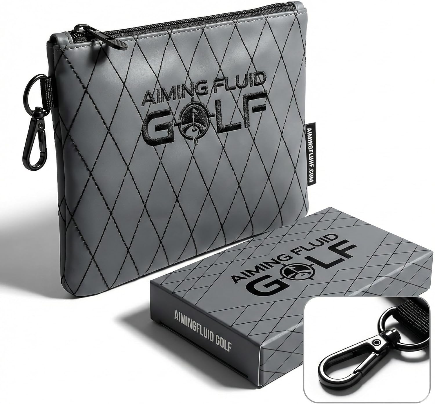 Premium Leather Golf/Travel Valuables Pouch Luxury Zippered Utility Bag with Diamond Stitching, 360 Swivel Clip, Soft Interior for Golf Accessories & Travel Essentials (Grey)