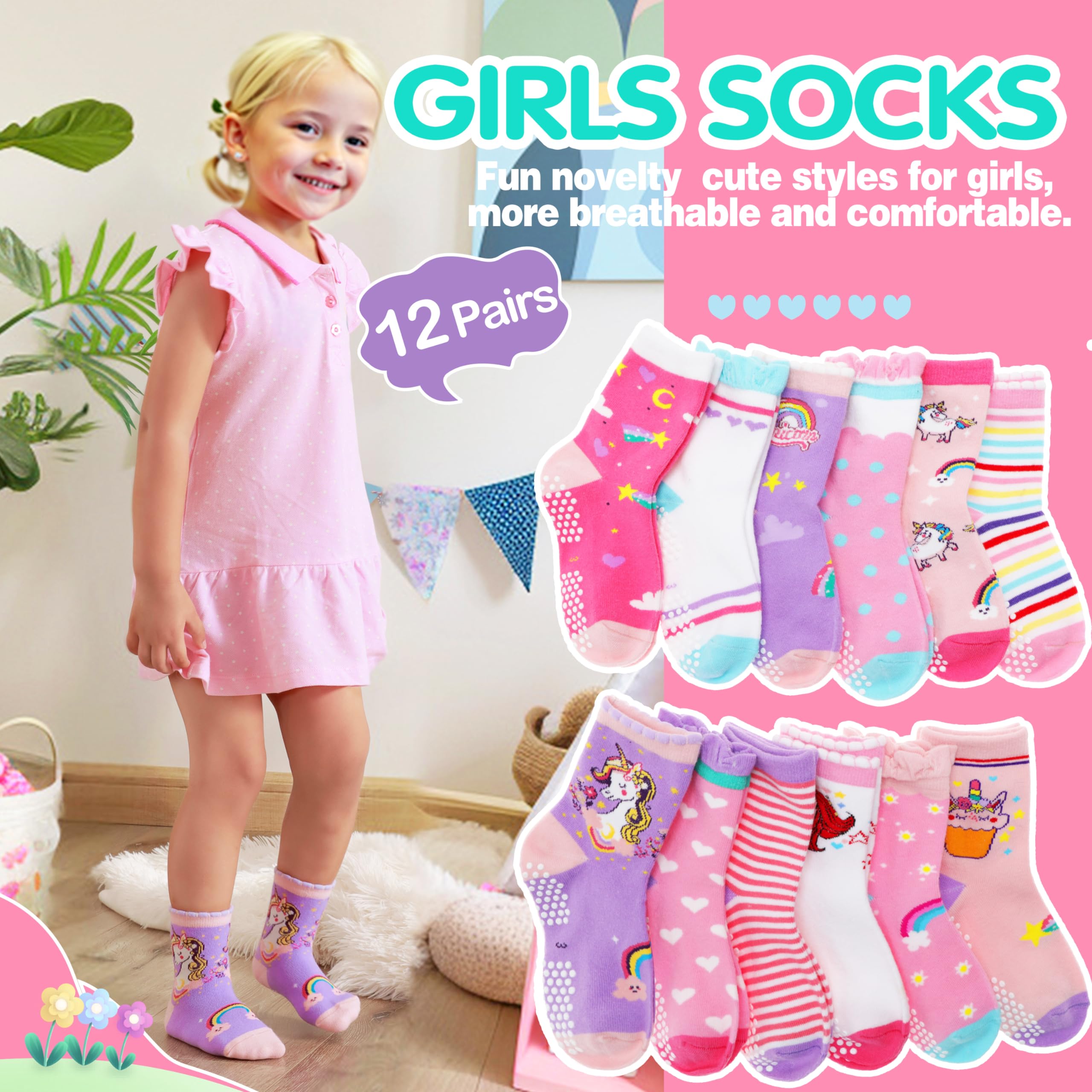 Welwoos 12 Paia Calzini antiscivolo bambina in cotone calze bambine ragazze da 1-8 Anni, Modello divertente