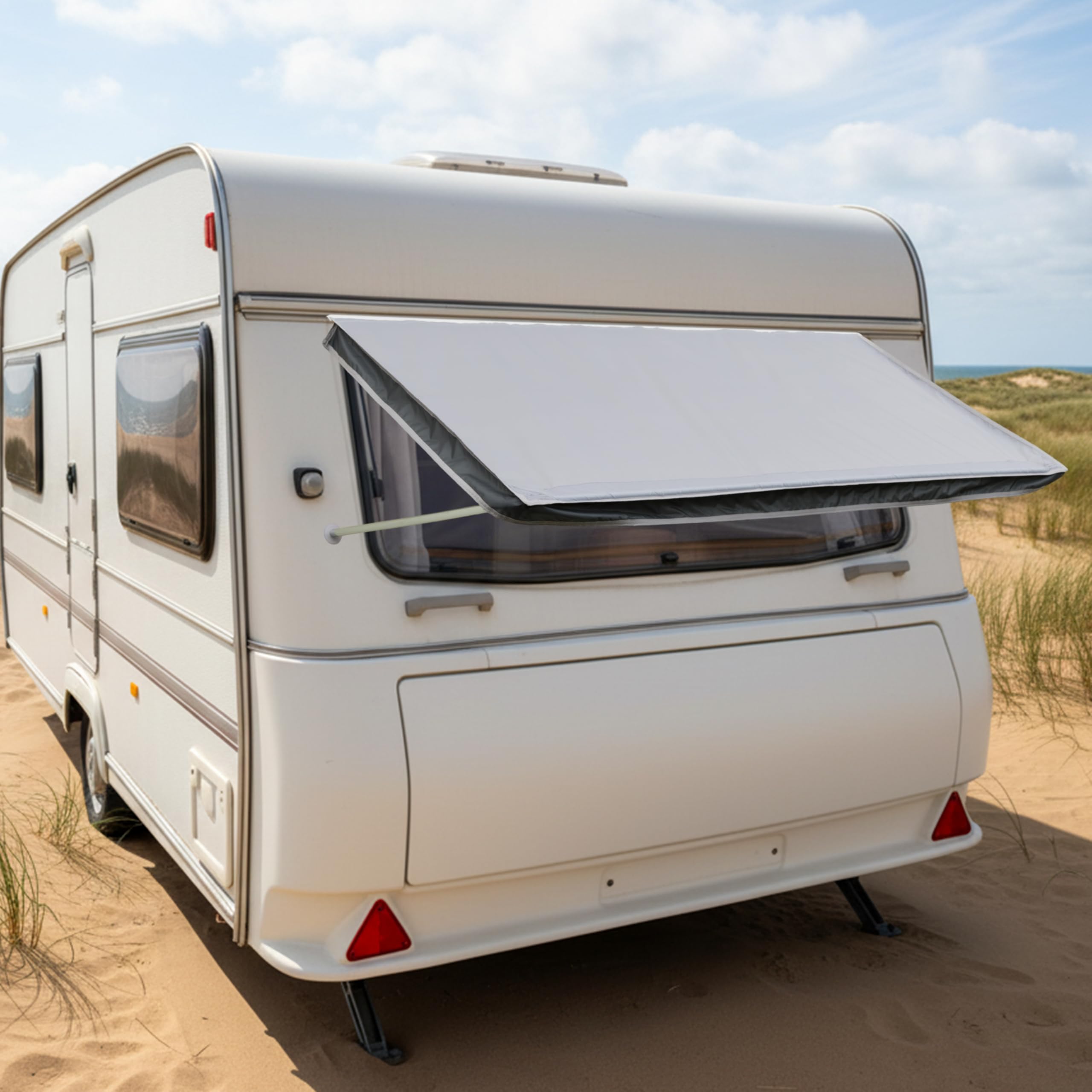 Fenster Markise Wohnmobil 180x75cm mit Keder und Saugnäpfen Sonnensegel Vordach Vorzelt Fenstermarkise Regenplane Sonnenschutz für Wohnwagen Wasserabweisend 1500mm UV Schutz Grau Camping Zubehör