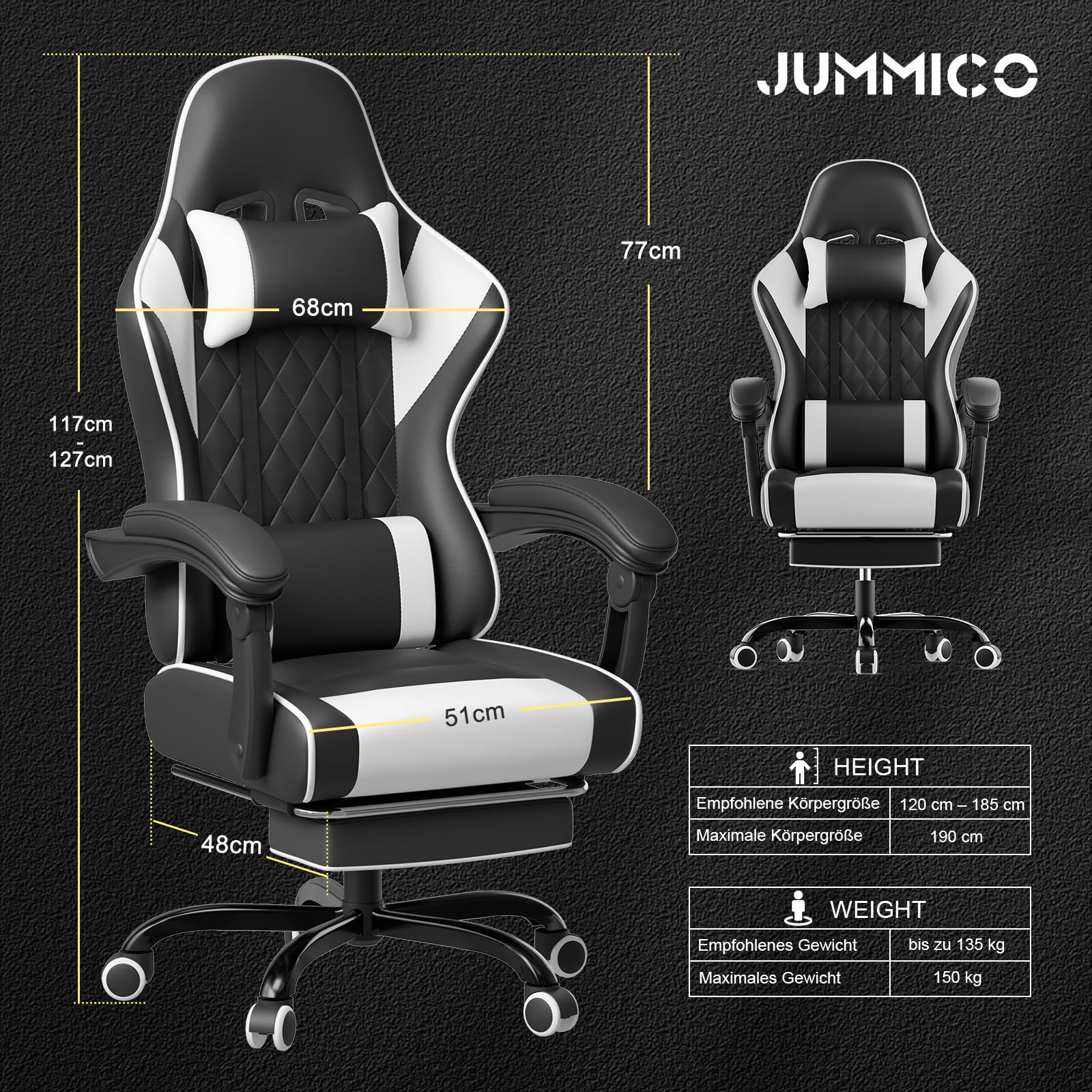 JUMMICO Chaise Gaming Ergonomique, Chaise de Bureau avec Fonction Massage, Fauteuil Gaming avec Repose-Pieds, 150 kg, Blanc