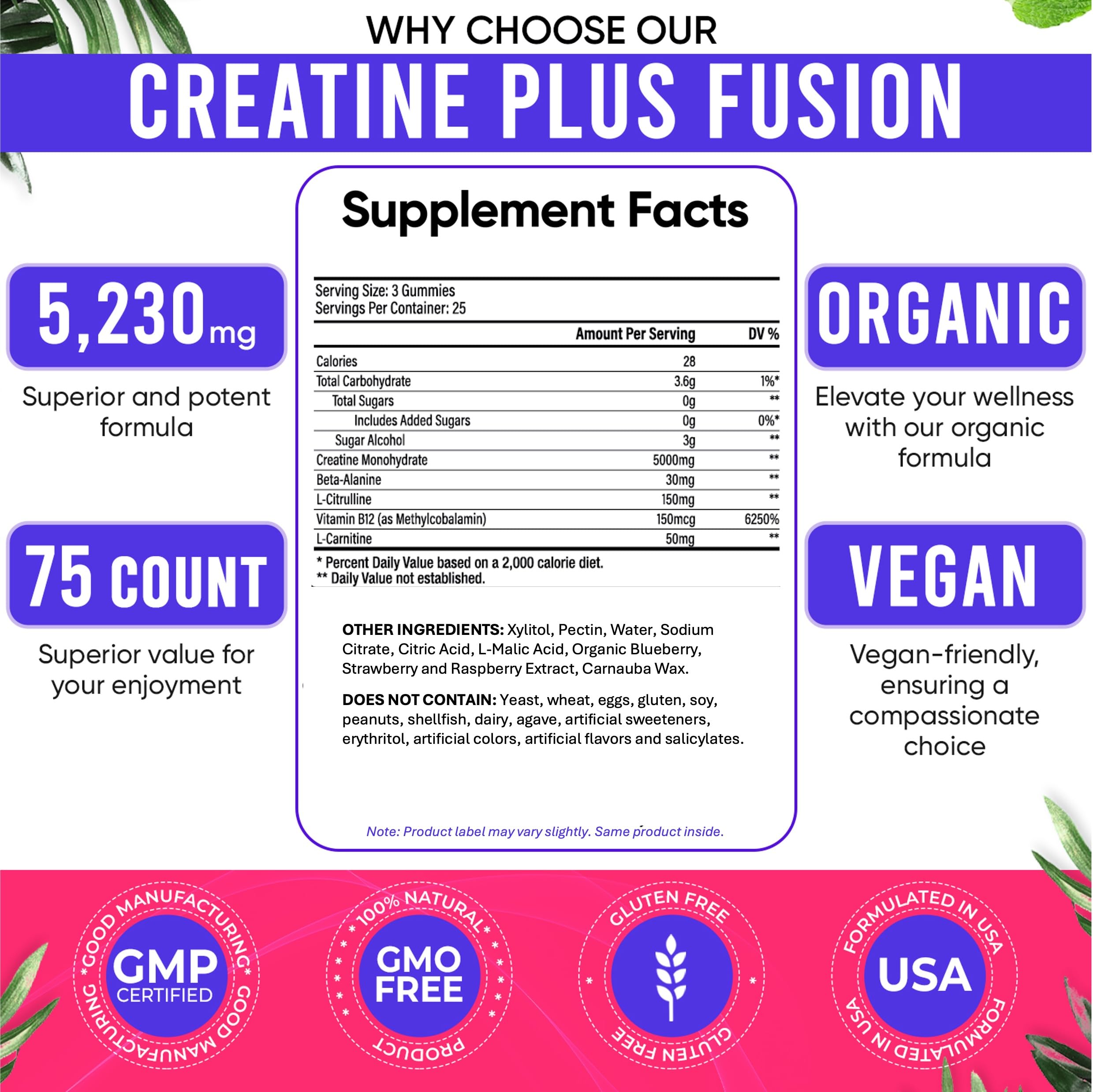 Adndale Creatine Gummies for Women & Men, 5000mg per Serving Creatine Monohydrate Supplement with Beta-Alanine, L-Citrulline & B12-75 Vegan Gummies. Sugar-Free — Amazon image 4