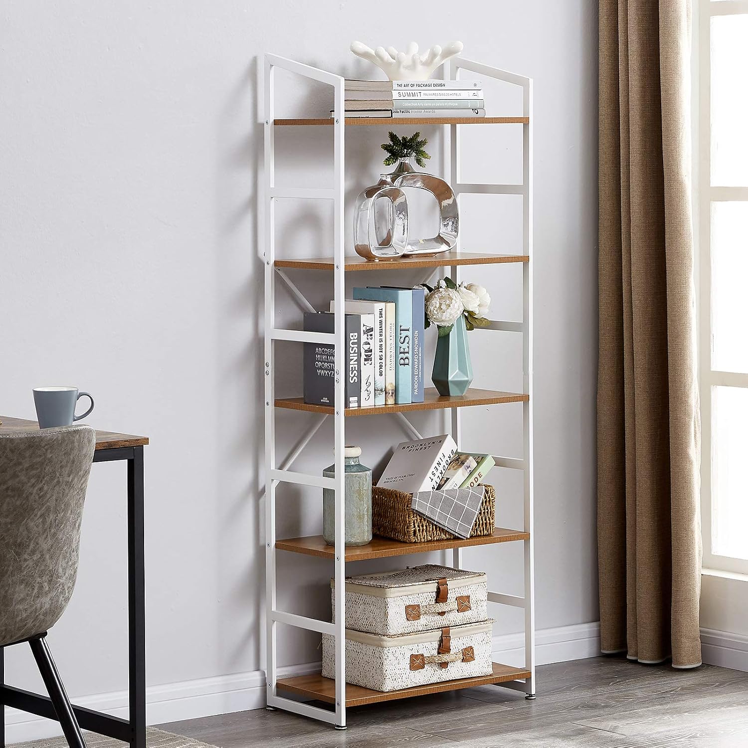 SUPERJARE 5-Tier Industrial Bookshelf, Open Bookcase with Metal Frame, Vintage Book Shelf, Storage Display Shelves for Home Office, Wood Grain - Light Walnut