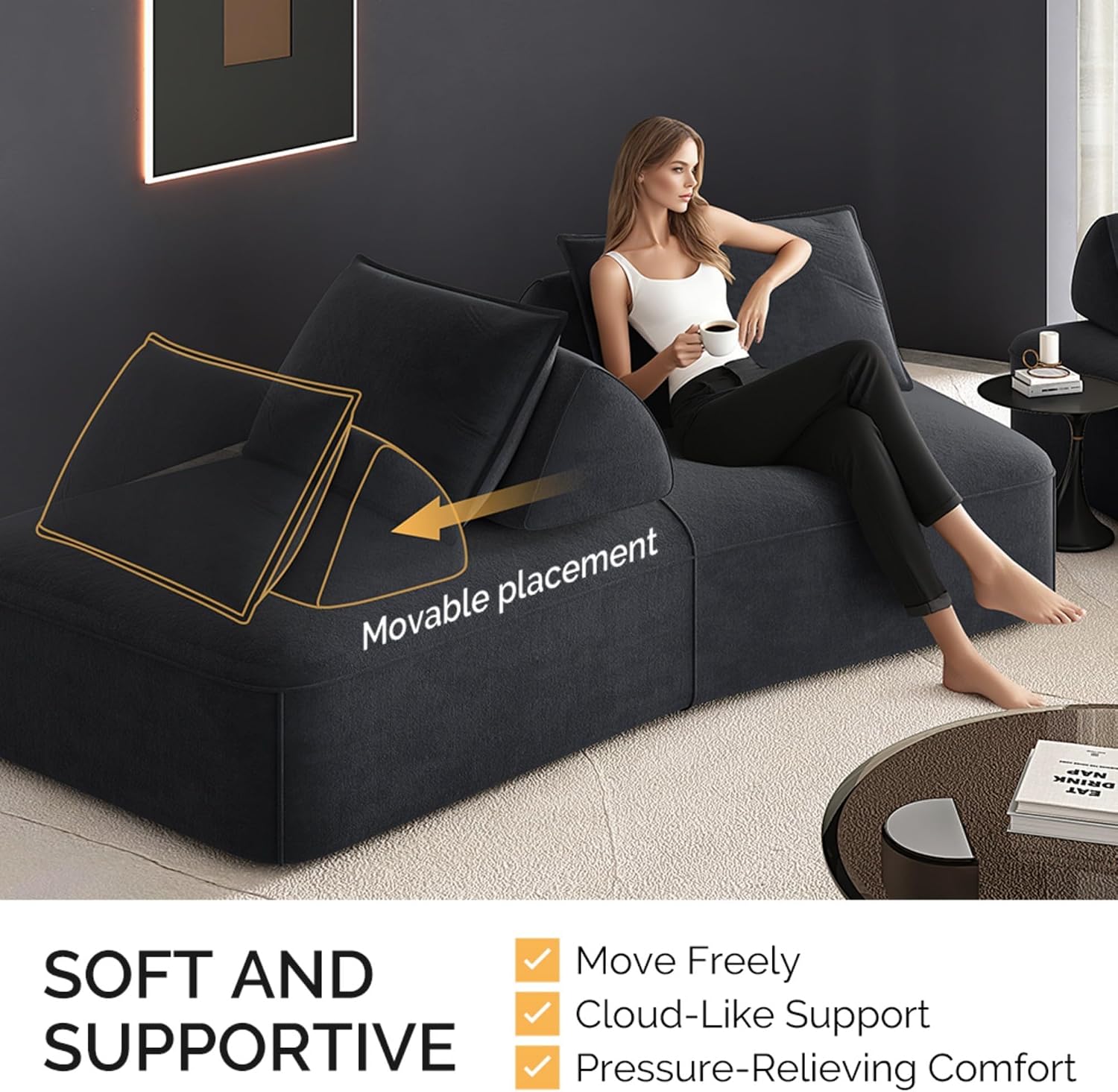 139" Modular Sectional Couch, 4-Seat Cloud Sofa, Sleeper Sofa with Removable Backrests and 3 Soft Pillows, Chenille Fabric, No Assembly Required, Ideal for Living Room or Apartment, Dark Grey
