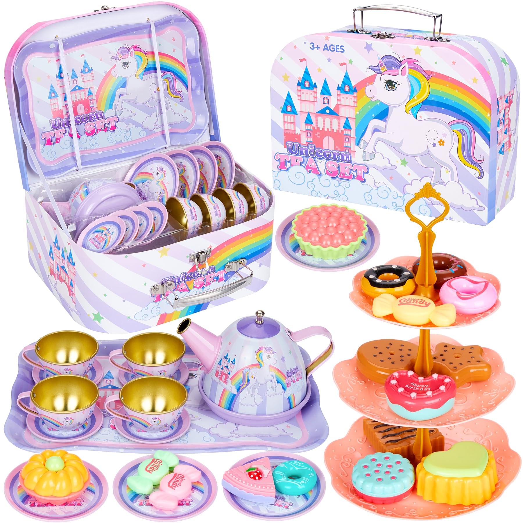 Set da tè per bambini, 33 PCS Set Cucina Bambini da Festa del tè con Vassoio per Cibo e Dessert Teiera Accessori da Cucina per Bambini Ragazze Gioco di Finzione,Unicorno