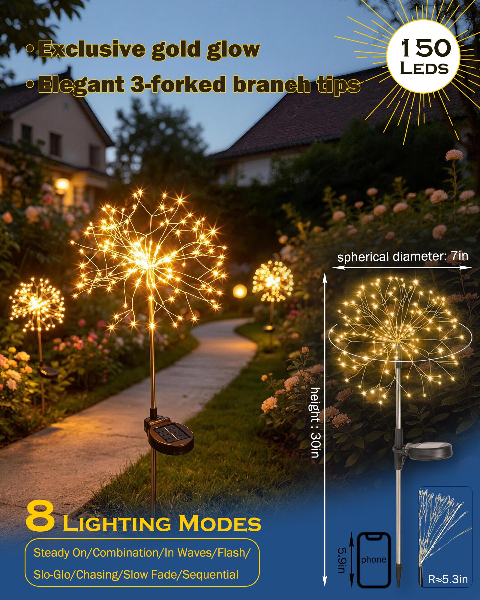 Luces solares de jardín para decoración de patio al aire libre, paquete de 4 luces de camino de 150 LED, luces de estaca de fuegos artificiales de hadas para jardín, patio, camino, cama de
