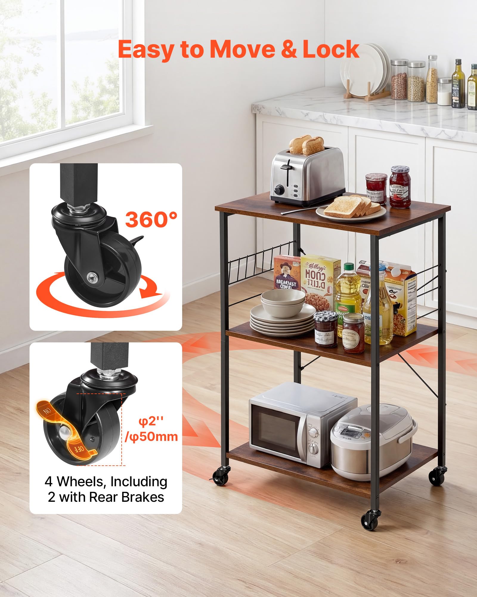 VEVOR Carrello da Cucina 3 Ripiani, Carrello di Servizio da Cucina Portaoggetti Carico da 55 kg con Ruote 8 Ganci Ripiani in Metallo, 602 x 402 x 902 mm, Portaspezie Microonde Utensili Portaoggetti