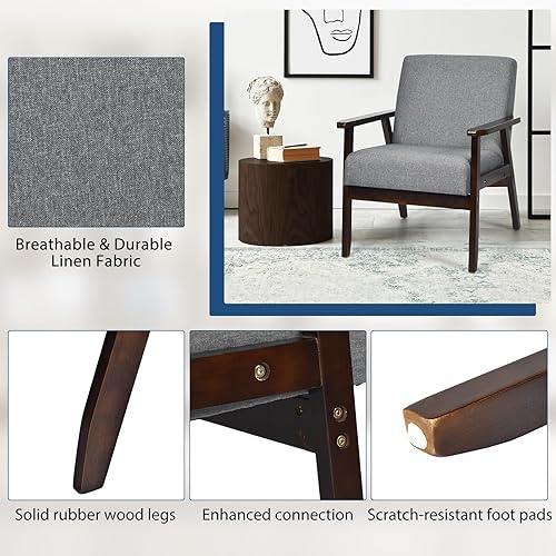 Miniatura 7 de POWERSTONE Silla decorativa de mediados de siglo, sillón moderno para sala de estar, silla de lectura tapizada de lino, silla auxiliar de ocio con