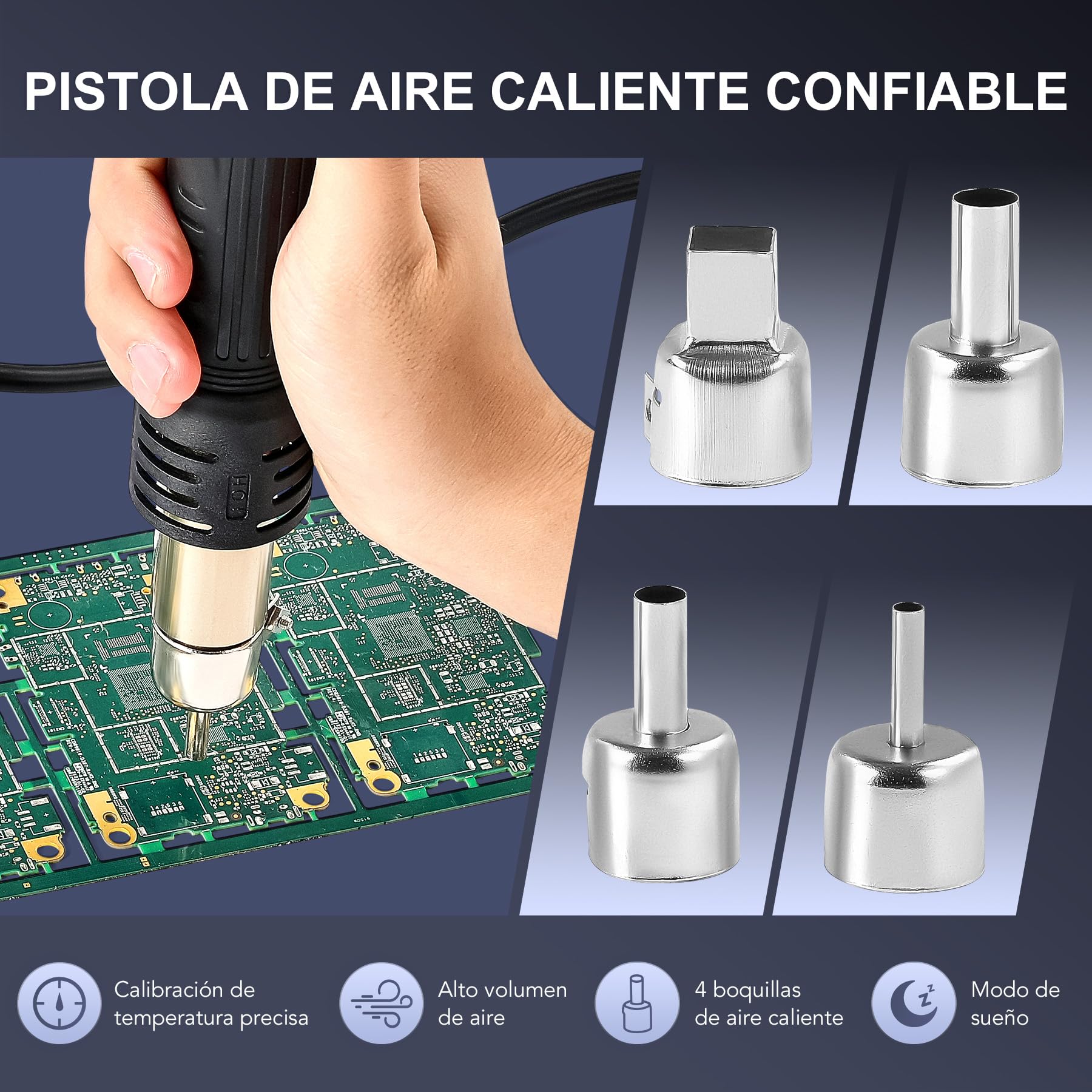 CREWORKS Estacion de Soldadura 750W Estacion Soldadura Aire Caliente SMD 2 EN 1 Estación de Soldadura Digital con Pantalla LED y Pislota
