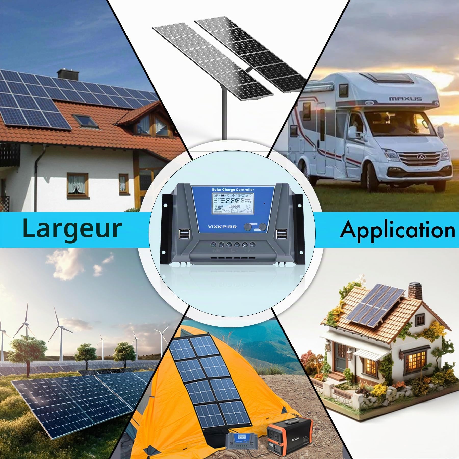 30A Contrôleur de Charge Solaire 12V 24V 36V 48V avec Bluetooth, PWM 30A Régulateur de Charge Solaire avec Sonde Température LCD écran 4 ports USB, pour Plomb Acide Batterie Lithium Batterie