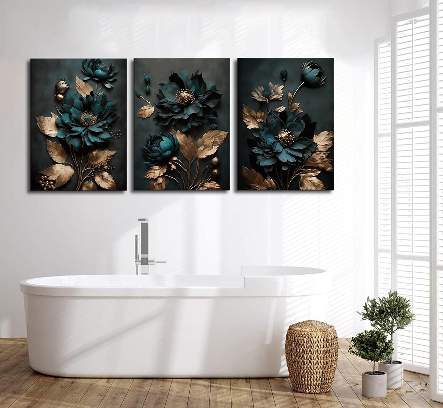 3pcs Dark Green And Gold Flower Canvas Wall Art Elegant Bloom Flowers Pictures Wall Decor Modern Abstract Plant Posters Prints Paintings for Living Room Bedroom Bathroom Decoration - Image 5