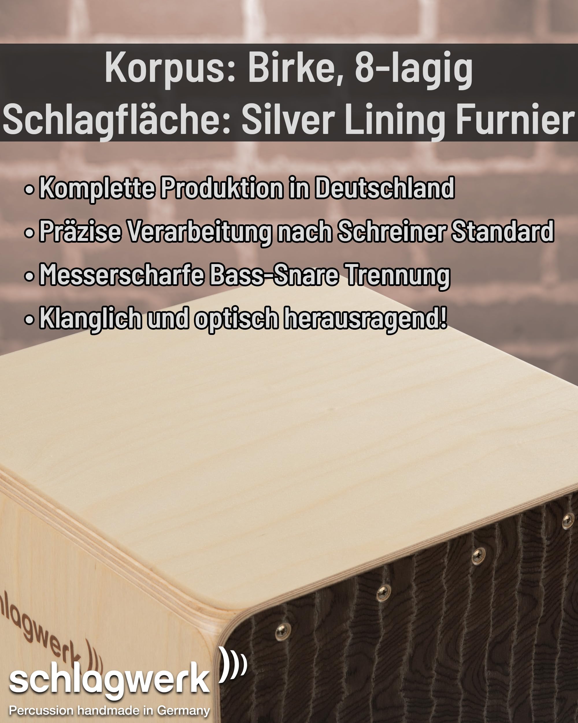 Schlagwerk CP580 Cajon Super Agile Silver Lining - individuell und stufenlos einstellbare Snare Technologie - fetter Bass, brilliante Snare, kraftvolle Slaps - inklusive Sitzkissen - Made in Germany