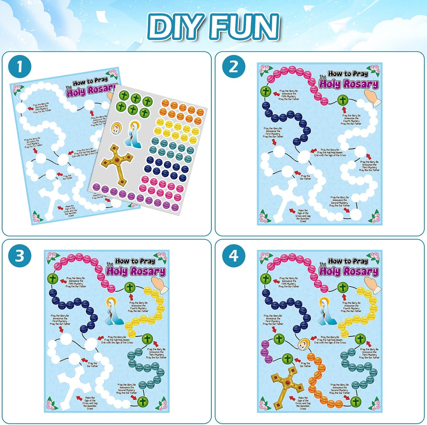 24 Sets Pray The Rosary Sticker Scene Set Religious Stationery Stickers for Crafting Classroom Activities Bible Lessons and Faith Based Projects - Image 3