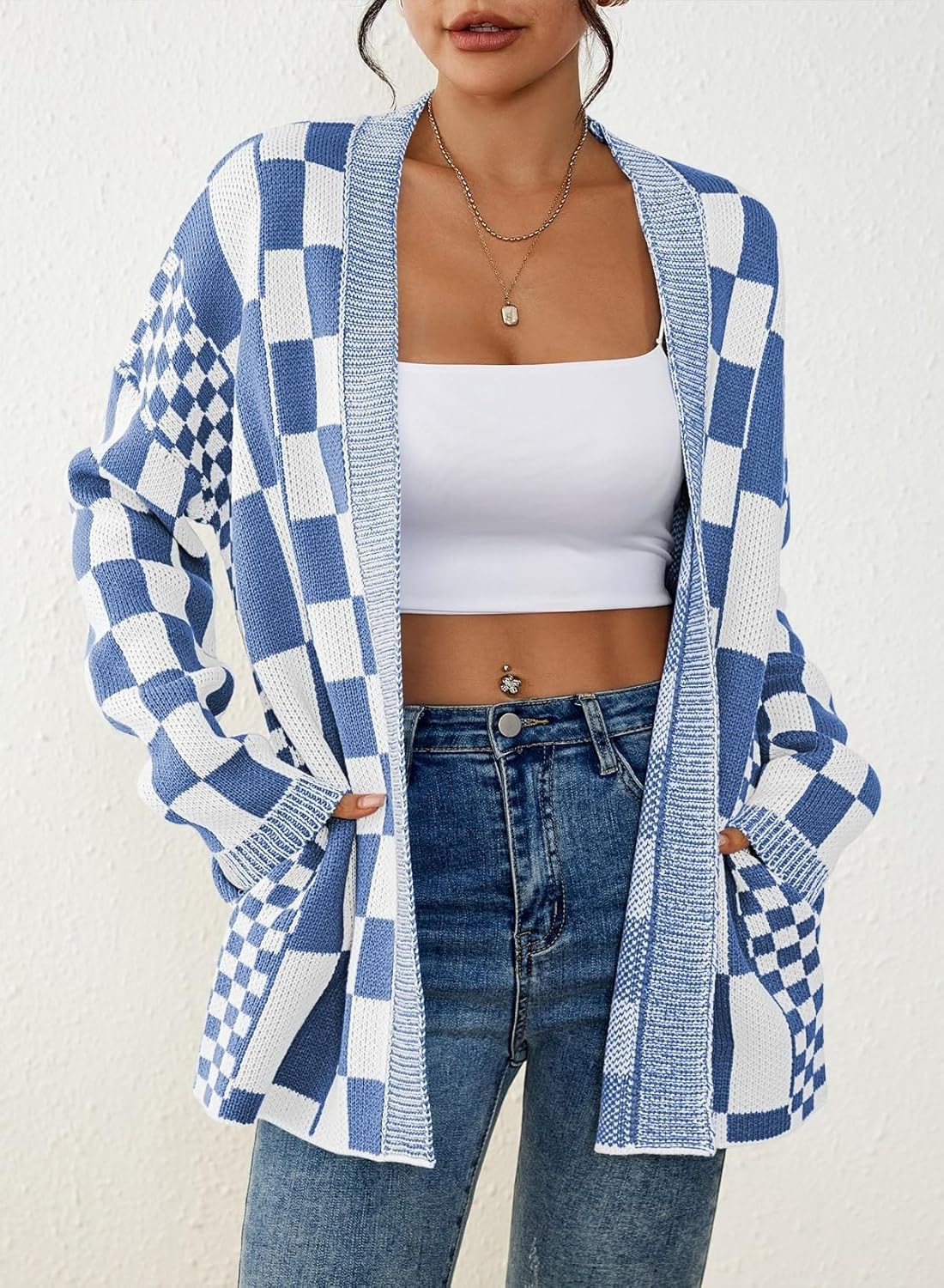 Pink Queen 2026 Checkered Cardigan Sweaters for Women Casual Long Sleeve Plaid Knit Outwear Coats with Pockets - Image 2