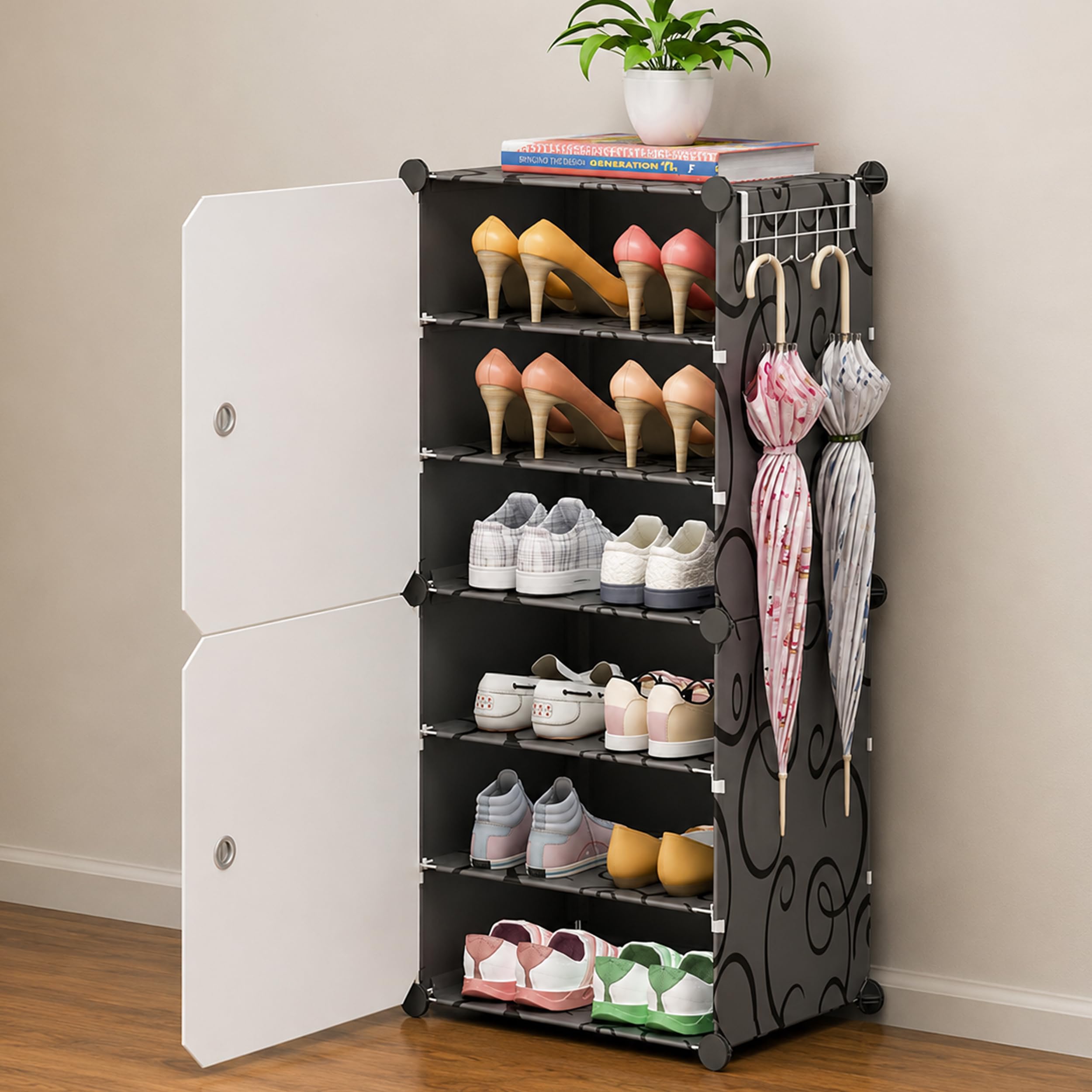 Oumffy Plastic Shoe Rack for Home | 𝟔 𝐋𝐚𝐲𝐞𝐫 Shoe Organizer Cabinet with 𝟐 𝐃𝐨𝐨𝐫𝐬 | Dustproof Shoe Storage Rack for Entryway, Bedroom & Living Room | Space Saving Multipurpose Stand | BLKWHT