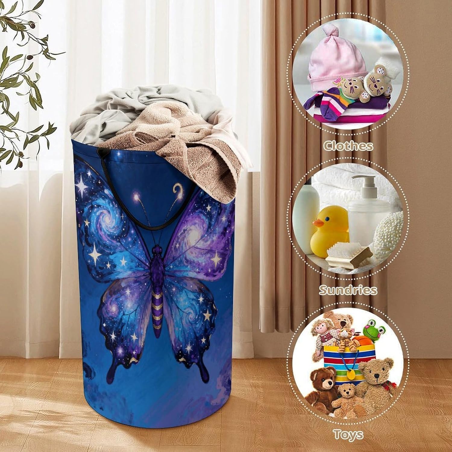 Galaxy Butterfly Laundry Hamper with Handles Waterproof Collapsible Laundry Basket Large Lightweight Round Dirty Clothes Hamper for Home Dorm Bathroom Decor