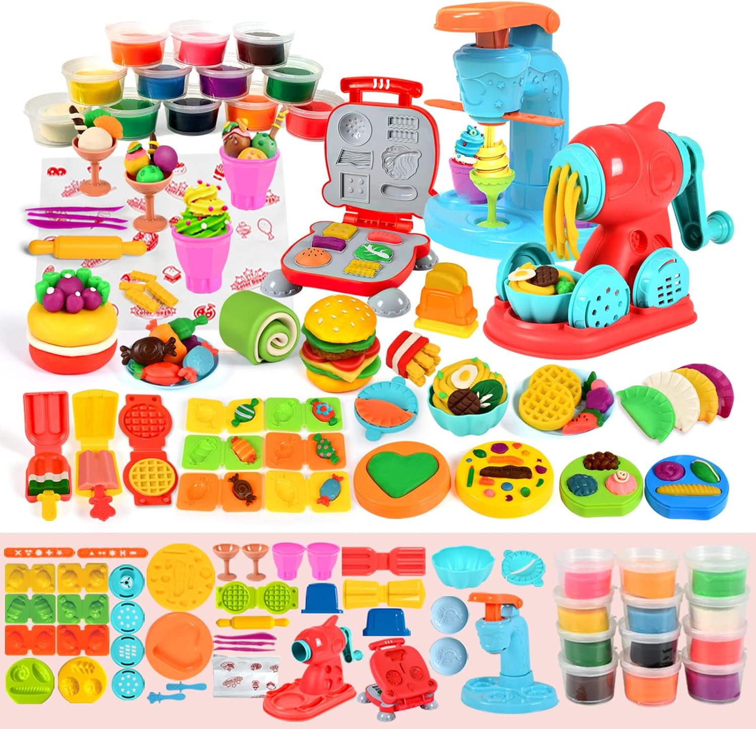 59 PCS 3 in 1 Dough Sets for Kids Ages 2-4-8, Art Crafts Dough Tools Kit, Ice Cream Playset Noodle Hamburger Maker Machine, Kitchen Creations Food Play Toys Toddlers Boys Girls