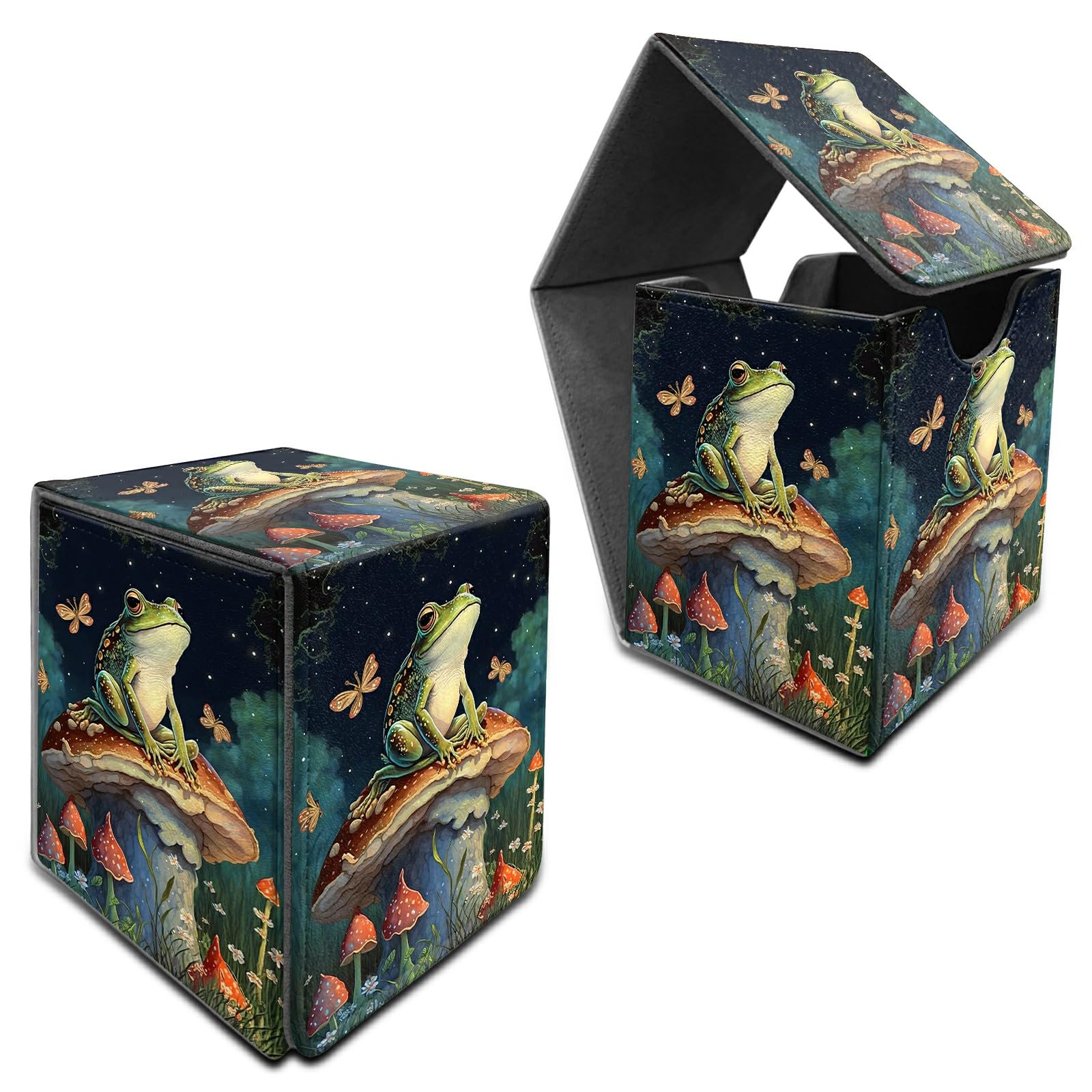 RWUTYTIUL for MTG Commander Deck Box, Card Storage Box Fits 100+ Sleeved Cards, PU Leather Large Size Strong Magnet Card Deck Case Holder for Board Game Magic MTG TCG CCG, Mushroom Frog