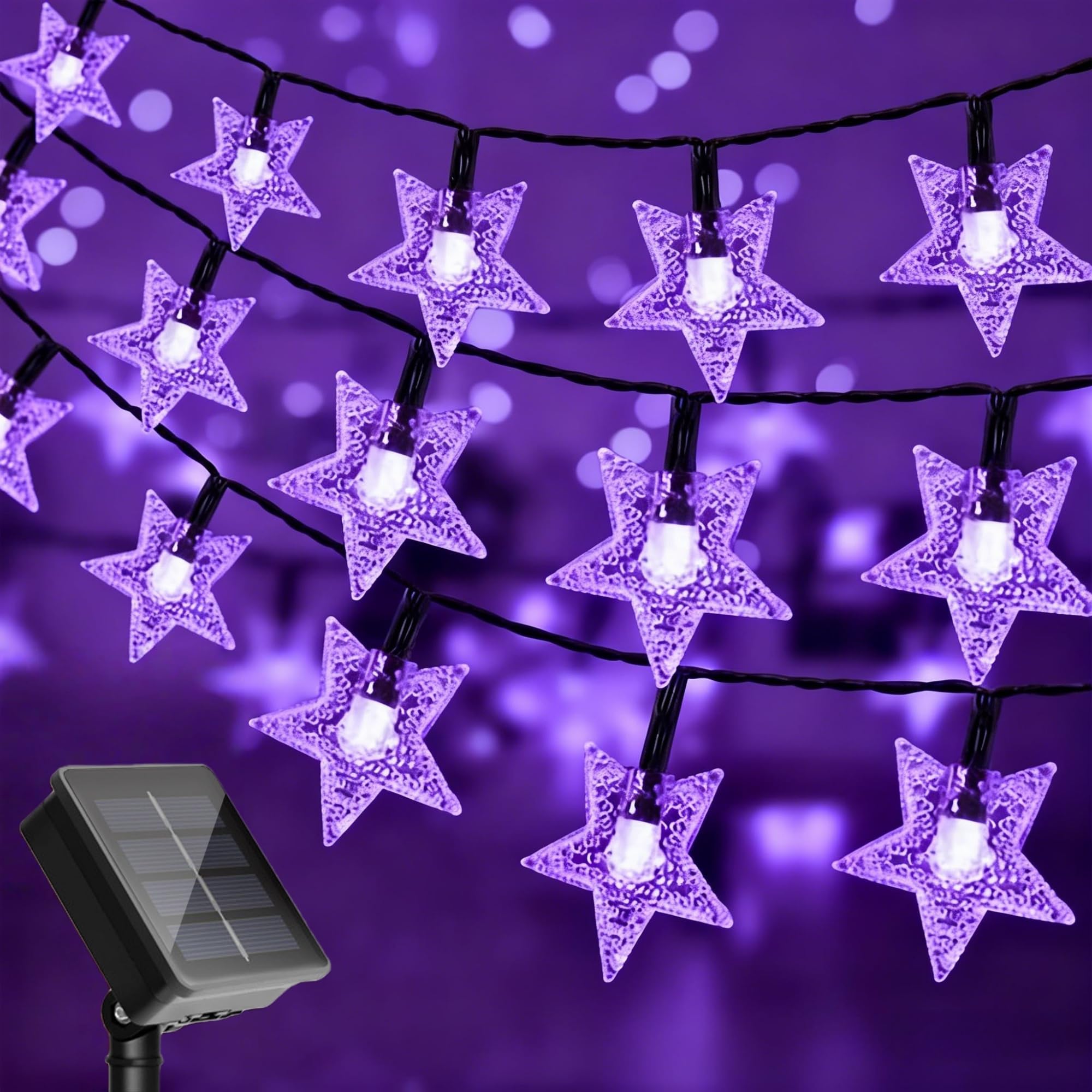 Twinkle Guirlande lumineuse solaire en forme d'étoile étanche pour l'extérieur 100 LED avec 8 modes d'éclairage pour camping, jardin, fête de mariage, arbre, vacances, arrière-cour, terrasse (violet)