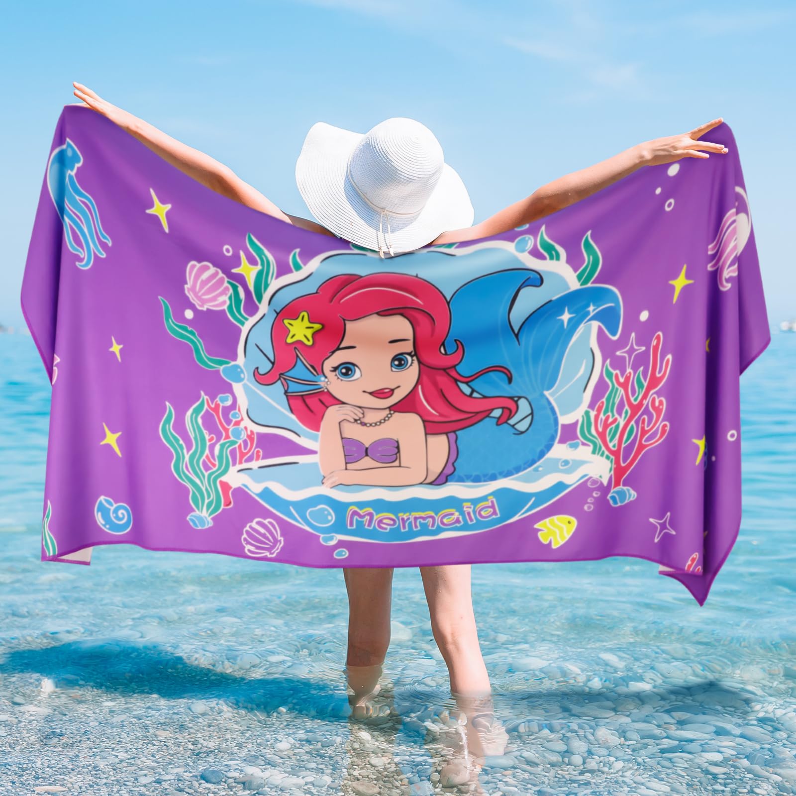 Mermaid Kids Beach Towel for Girls Microfiber Sand Free Beach Towels Quick Dry Kids Bath Towels Absorbent Large Pool Towels for Swim Camping Travel