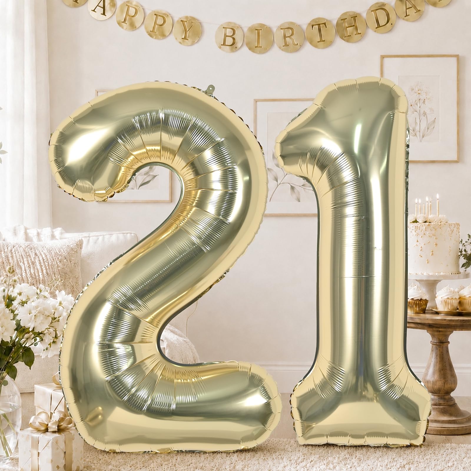 Champagne Gold 21st Birthday Balloons Number 21, 40 Inch Large Foil 2 &amp; 1 Numbers Balloons for 21 Year Old Women Men, Light Gold Giant Helium Balloon for 21st Birthday Anniversary Party Decorations