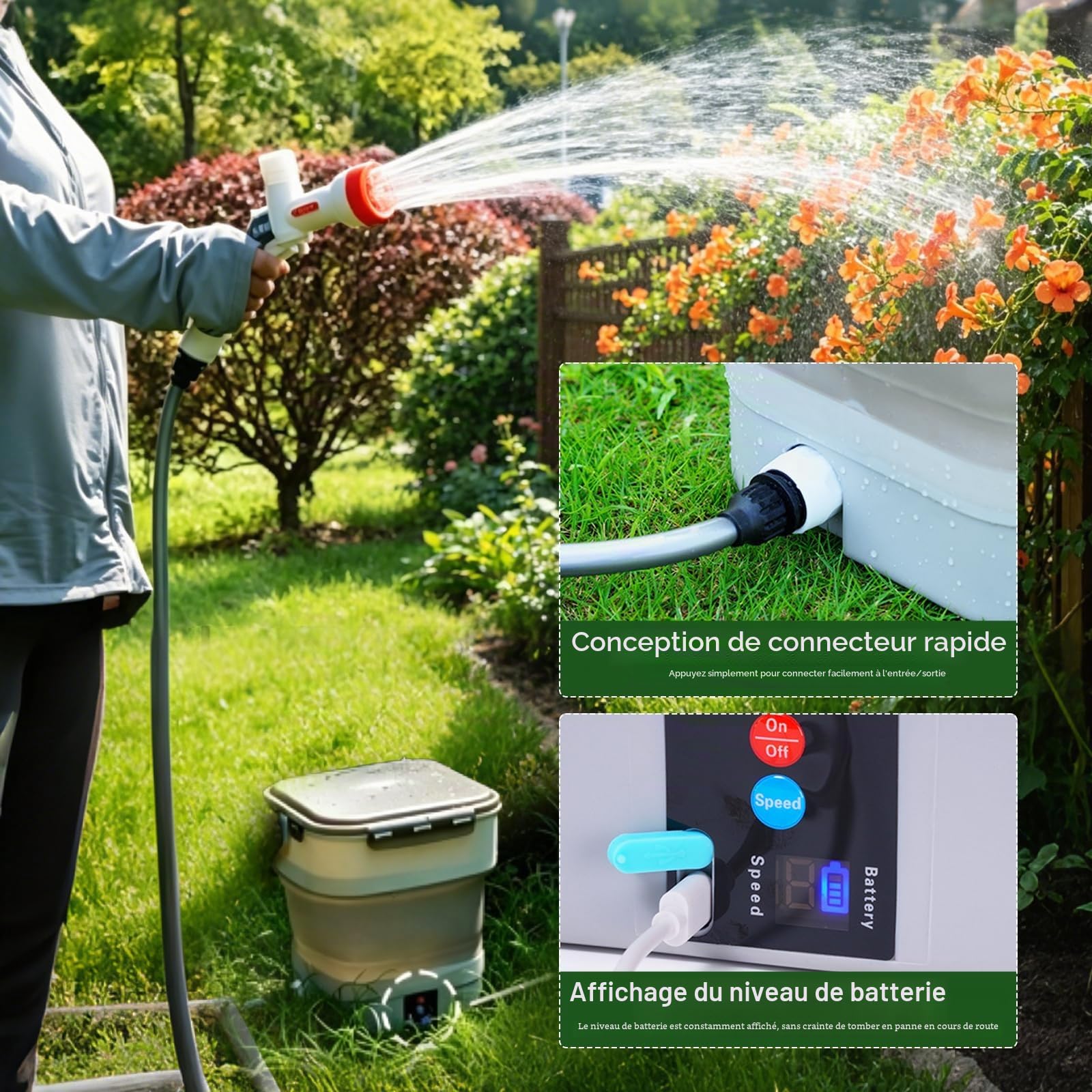 Nettoyeur Haute Pression Portable, Nettoyeur Extérieur Mobile Pliable avec Buse 5 en 1, Réservoir d'eau : 12L, Pulvérisateur à Pression électrique Multifonction pour Douche de Camping
